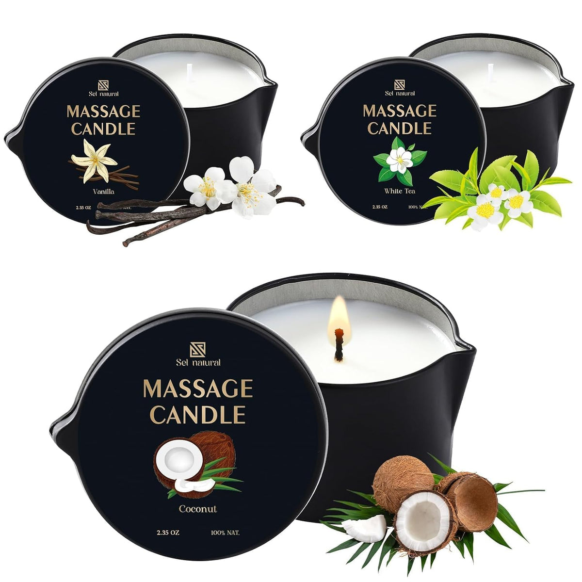 3 Pack Massage Oil Candles 2.35oz Low Temp Massage Candle Wax 3 Scent Vanilla