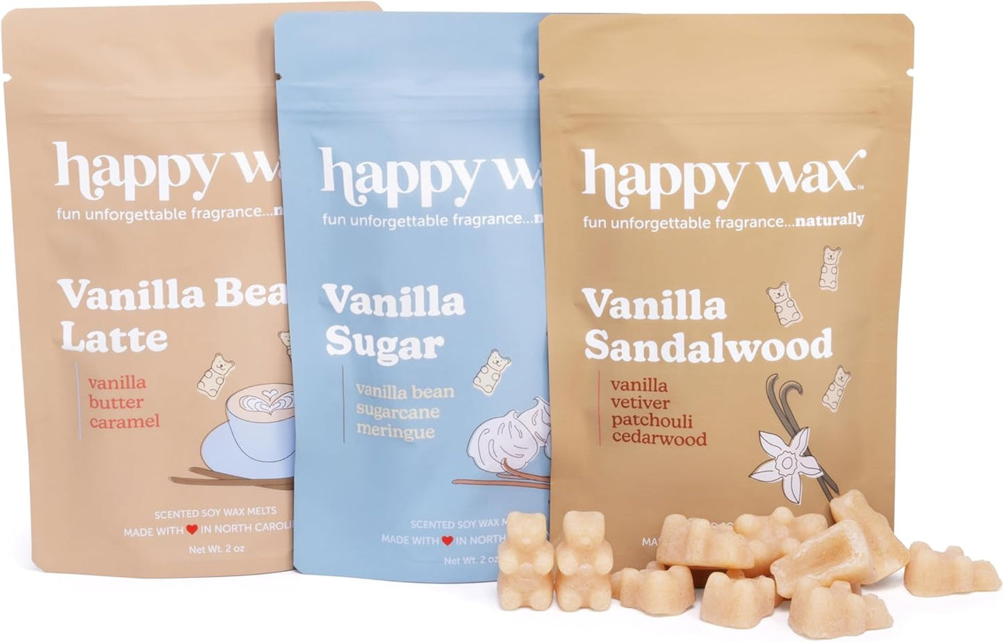 Happy Wax Vanilla Lovers Collection: Natural, Non-Toxic Scented Soy Wax Melts – Total 6oz Variety Pack: Vanilla Bean Latte, Vanilla Sugar, Vanilla Sandalwood