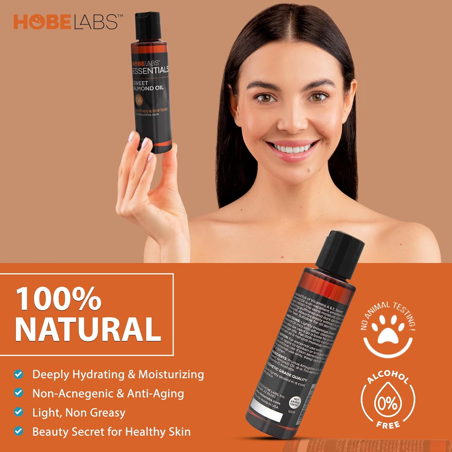 Hobe Labs Sweet Almond Oil, 4 oz - Skin Soothing Properties, Effective Emollient, Improves Skin Health, Fights Puffiness and Dark Circles, Non-Greasy Formula