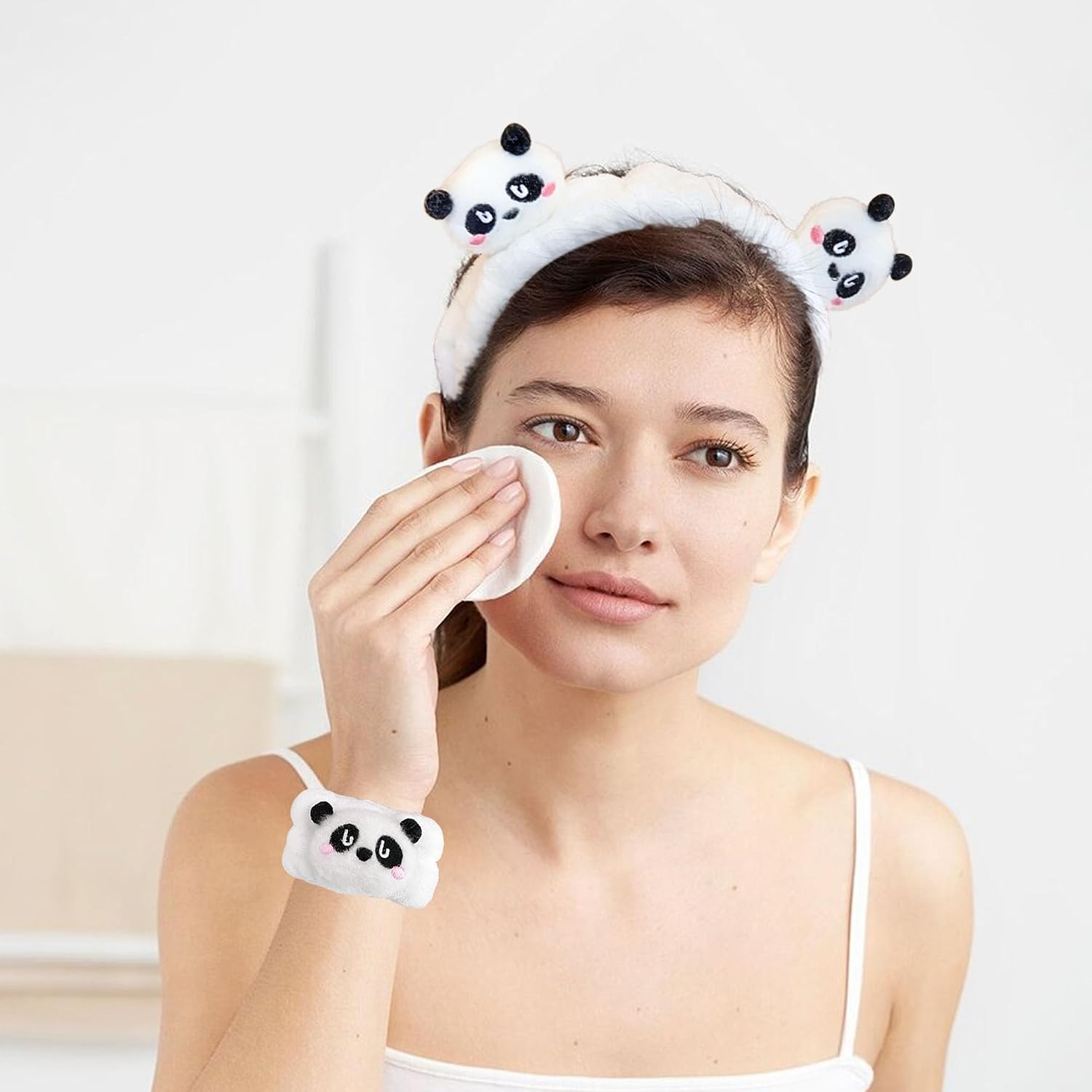 3 Pcs Unisex Adult Panda Headband & Wristbands Set, White, Plush Fabric, Spa & Face Wash Accessory