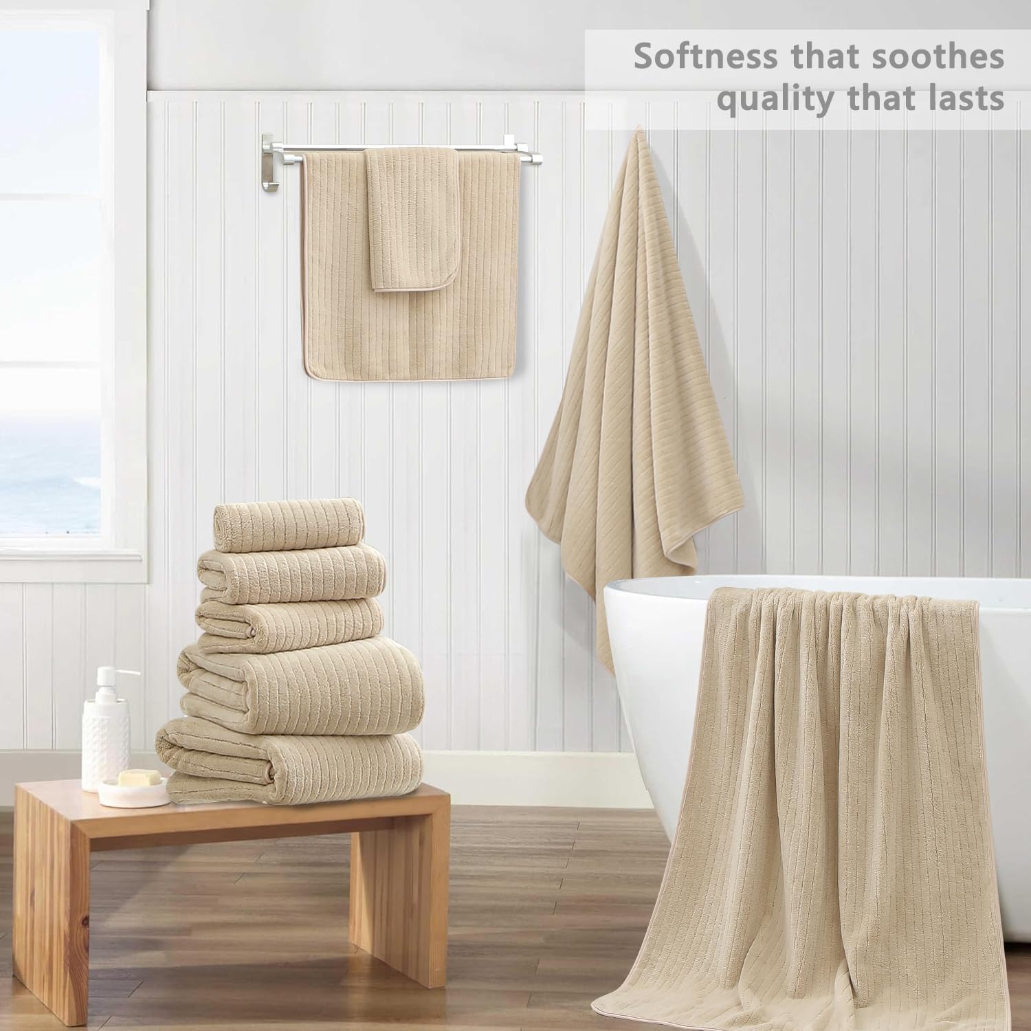 18 Piece Bath Towels Set,Ultra Soft Family Bathroom Towel Set with Hanging Loops-6 Bath Towels,6 Hand Towels,6 Washcloths,Highly Absorbent Quick Dry Shower Towel for Bathroom,Hotel,Spa-Beige Towel Set