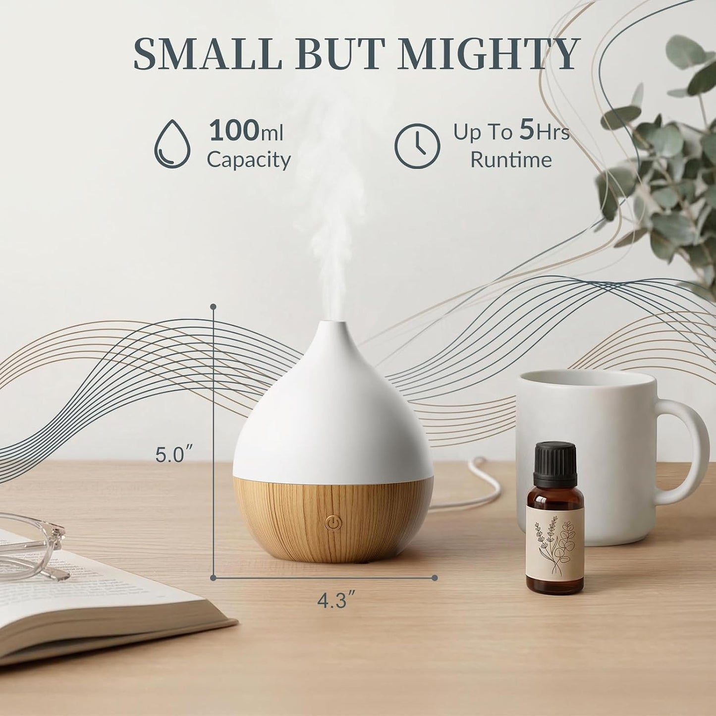 Essential Oil Diffuser with Adapter, 100ml Small Aromatherapy Scent Machine for Home & Office Desk, 7 Color LED Cool Mist Humidifier, Auto Shut-Off, Classic Teardrop White