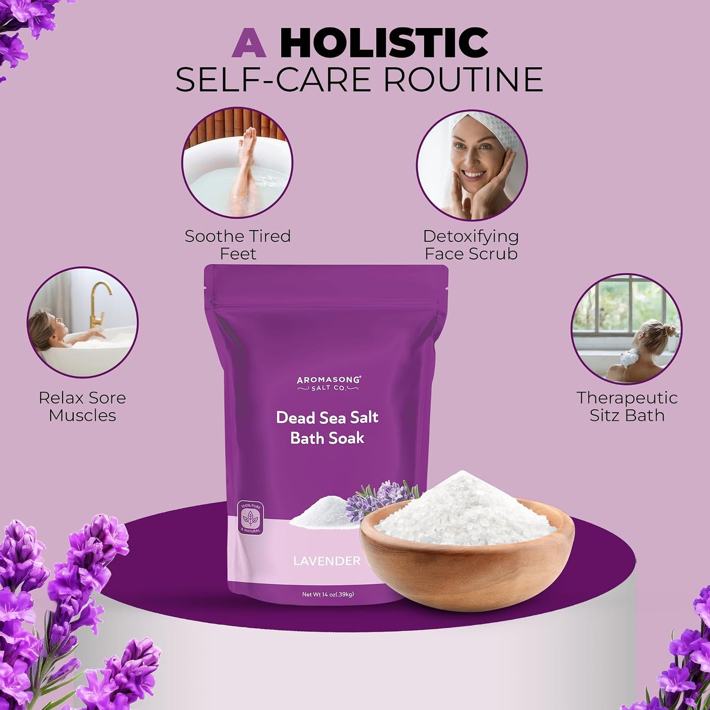 Aromasong Dead Sea Salt for Soaking with Natural Lavender Essential Oil – 14 Oz. Spa Bath Salt Fine Grain 7 Uses Per Pack - for Body Wash Scrub - Soak for Women & Men for Tired Muscles & Skin Issues