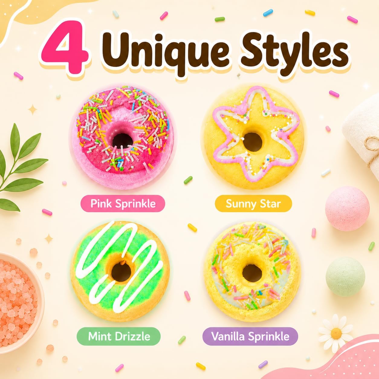 Bath Bombs Gift Set, Donut Bath Bombs for Women, 4 Pack Natural Bubble Cute BathBombs, Ideal Present for Her Mom Women Kids Girls Girlfriend, Birthday, Mothers Day, Valentines, Christmas