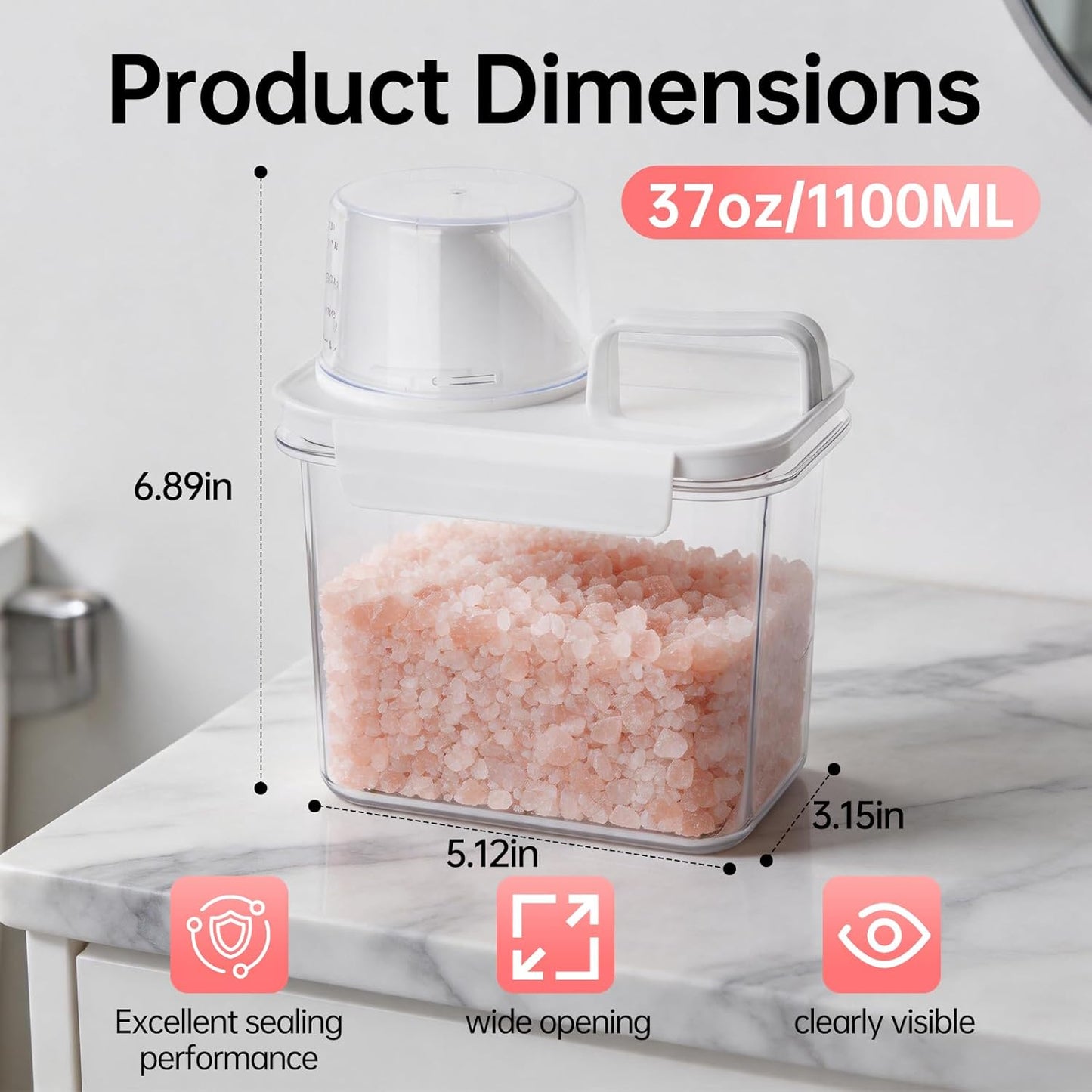 Epsom Salt Container with Scoop Cup-1100ml(37oz) | Airtight Leakproof Storage Bath Salt Container with Measuring Cup