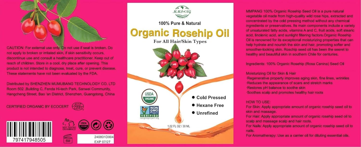 Organic Rosehip Seed Oil for Face, USDA Certified, Cold Pressed, Unrefined, 100% Pure Natural Rose Hip Oil for Anti-Aging, Acne Scar Treatment, Skin & Hair Care, Gua Sha Massage, 1 fl.oz / 30ml