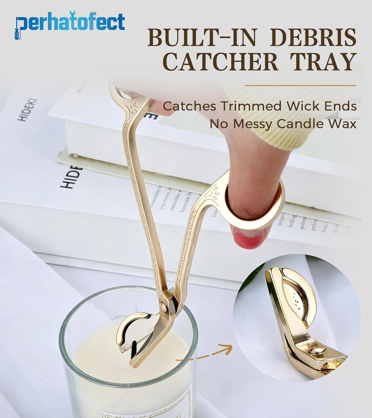 Candle Wick Trimmer Stainless Steel Wick Clipper with Debris Tray Gold