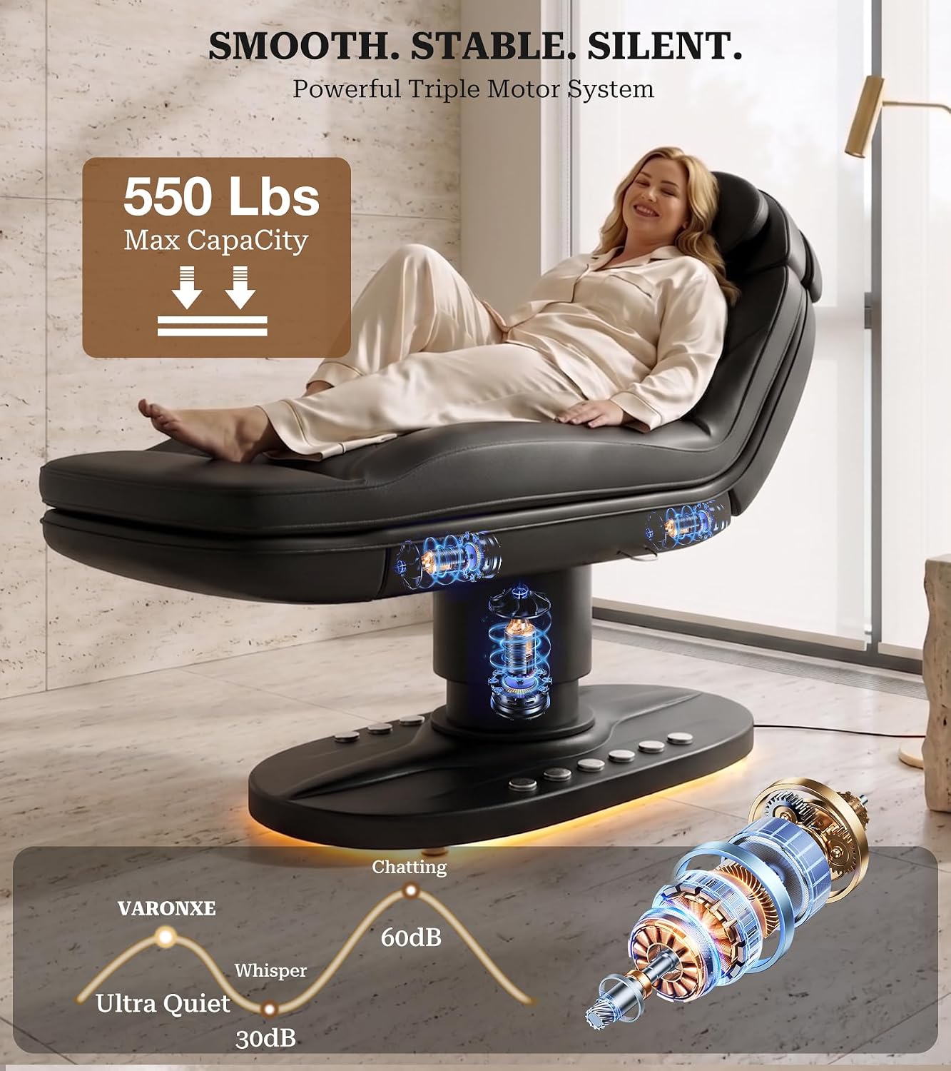 VARONXE Fully Electric Massage Table Esthetician Bed, Adjustable Spa Facial Bed Lash Chair with Light, Ergonomic Medical Exam Table for Beauty Treatment Tattooing Waxing, Black Stool