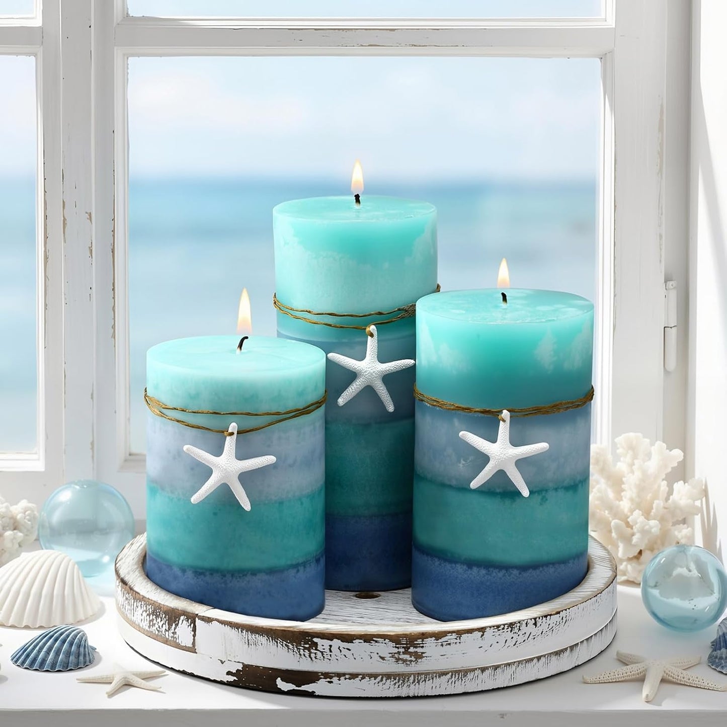 Threlaco Set of 3 Ocean Pillar Candles with Starfish Decorative Blue Pillar Layered Candles Clean Long Lasting with Ornaments for Summer Home Party Room Decor 3 Sizes