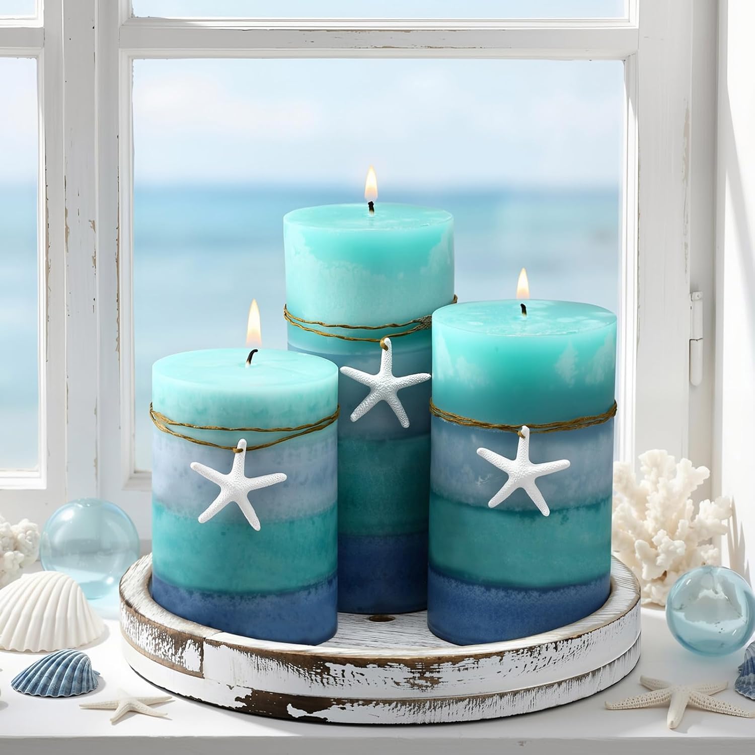 Threlaco Set of 3 Ocean Pillar Candles with Starfish Decorative Blue Pillar Layered Candles Clean Long Lasting with Ornaments for Summer Home Party Room Decor 3 Sizes