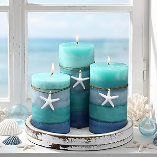 Threlaco Set of 3 Ocean Pillar Candles with Starfish Decorative Blue Pillar Layered Candles Clean Long Lasting with Ornaments for Summer Home Party Room Decor 3 Sizes