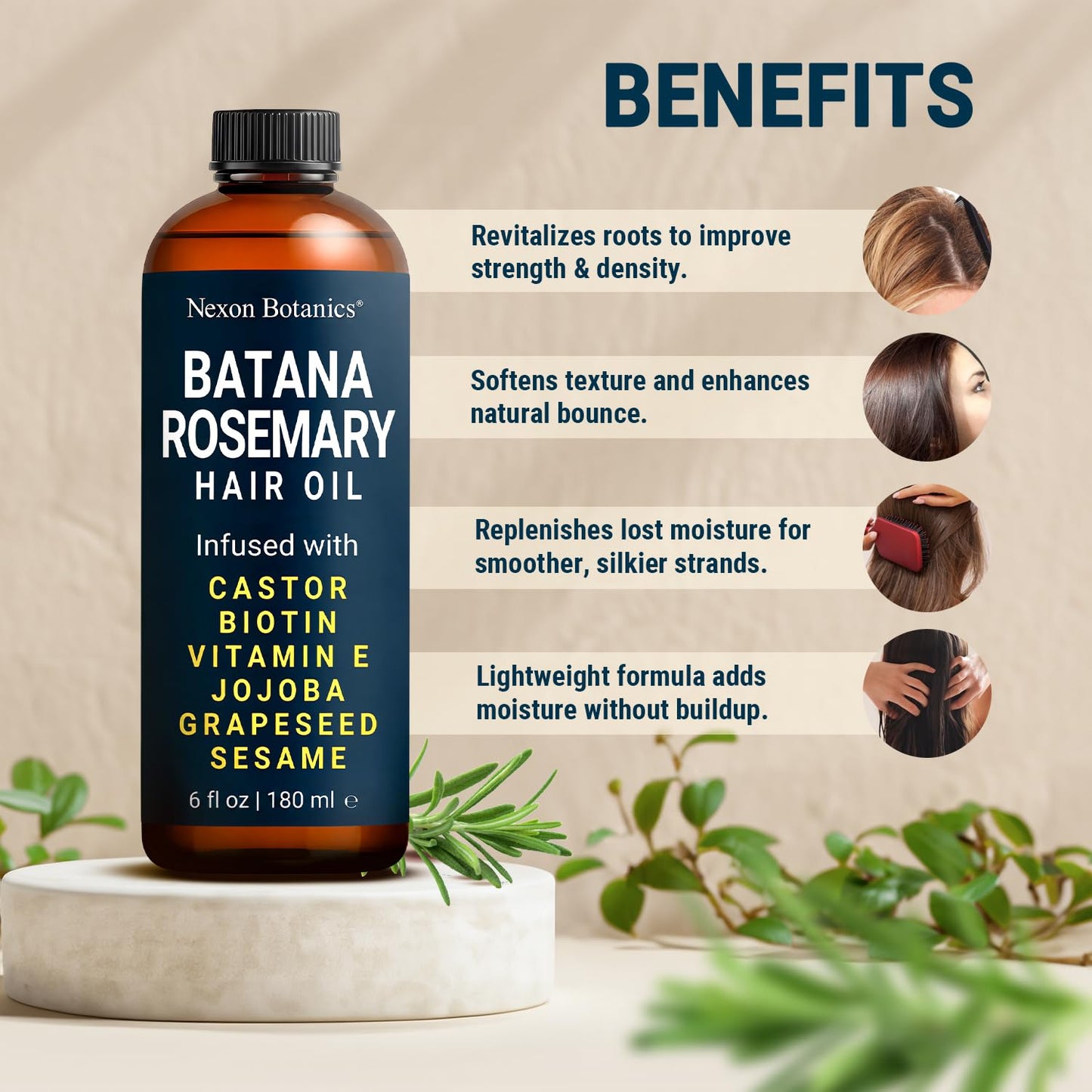 Batana Rosemary Oil for Hair Growth 6 fl oz - Lightweight Scalp Oil for Dry, Damaged Hair & Frizz Control - Aceite de Romero Para el Cabello - Nexon Botanics