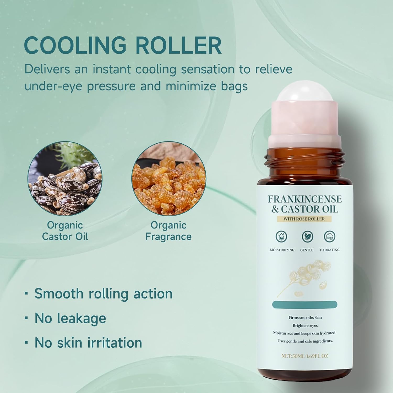 Organic Frankincense & Castor Oil Roll On 1.69oz, 100% Pure Hexane Free, Lightweight Non Greasy Fast Absorbing, Superior Texture Hydrating Oil for Face Under Eye Brows Lashes, Vegan Premium Care
