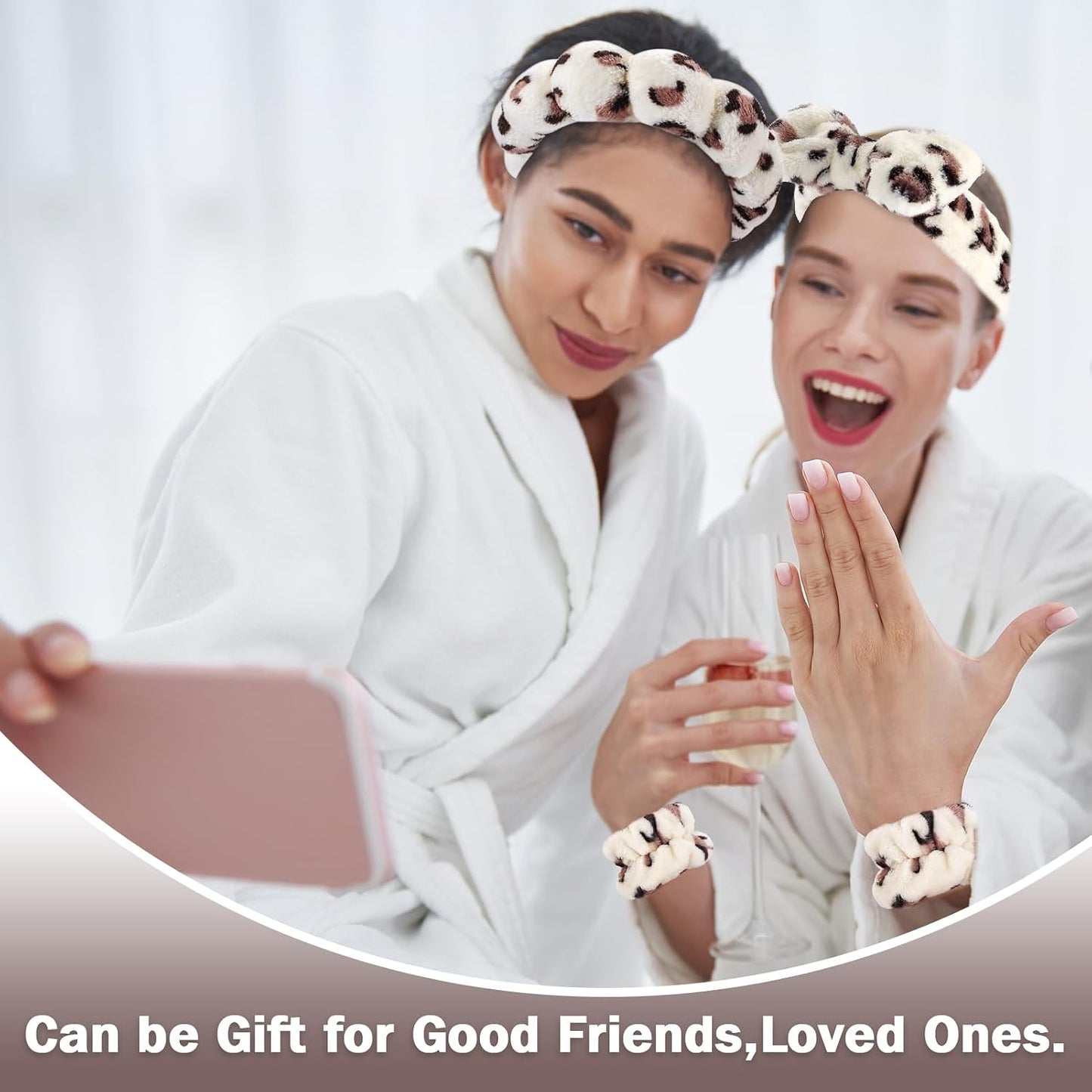 Zkptops 6Pcs Spa Headband for Washing Face Wristbands Set Women Bubble Makeup Sponge Plush Padded Puffy Skincare Headband Bow Tie Hairband Cute Non Slip Thick Hair Accessory Gifts(Beige Leopard)
