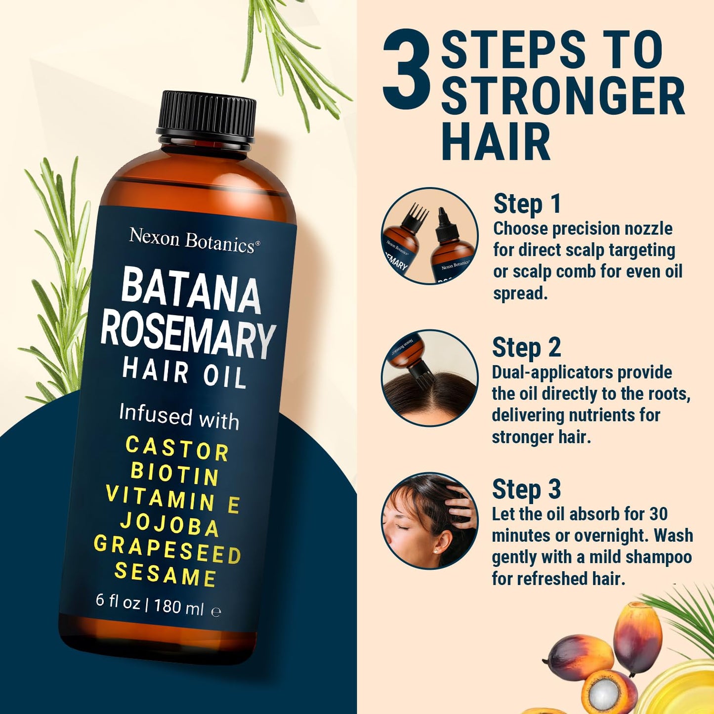 Batana Rosemary Oil for Hair Growth 6 fl oz - Lightweight Scalp Oil for Dry, Damaged Hair & Frizz Control - Aceite de Romero Para el Cabello - Nexon Botanics