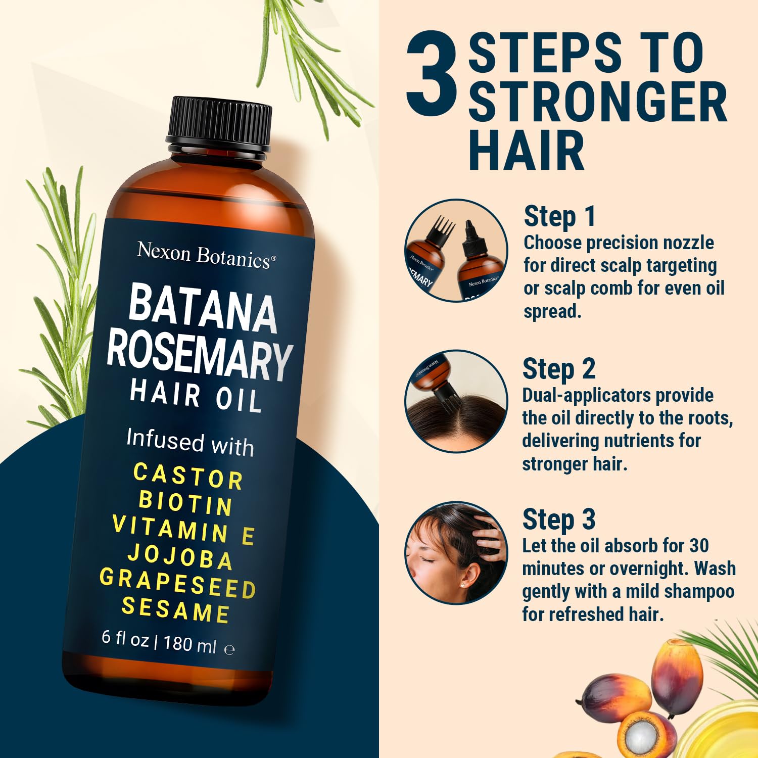 Batana Rosemary Oil for Hair Growth 6 fl oz - Lightweight Scalp Oil for Dry, Damaged Hair & Frizz Control - Aceite de Romero Para el Cabello - Nexon Botanics
