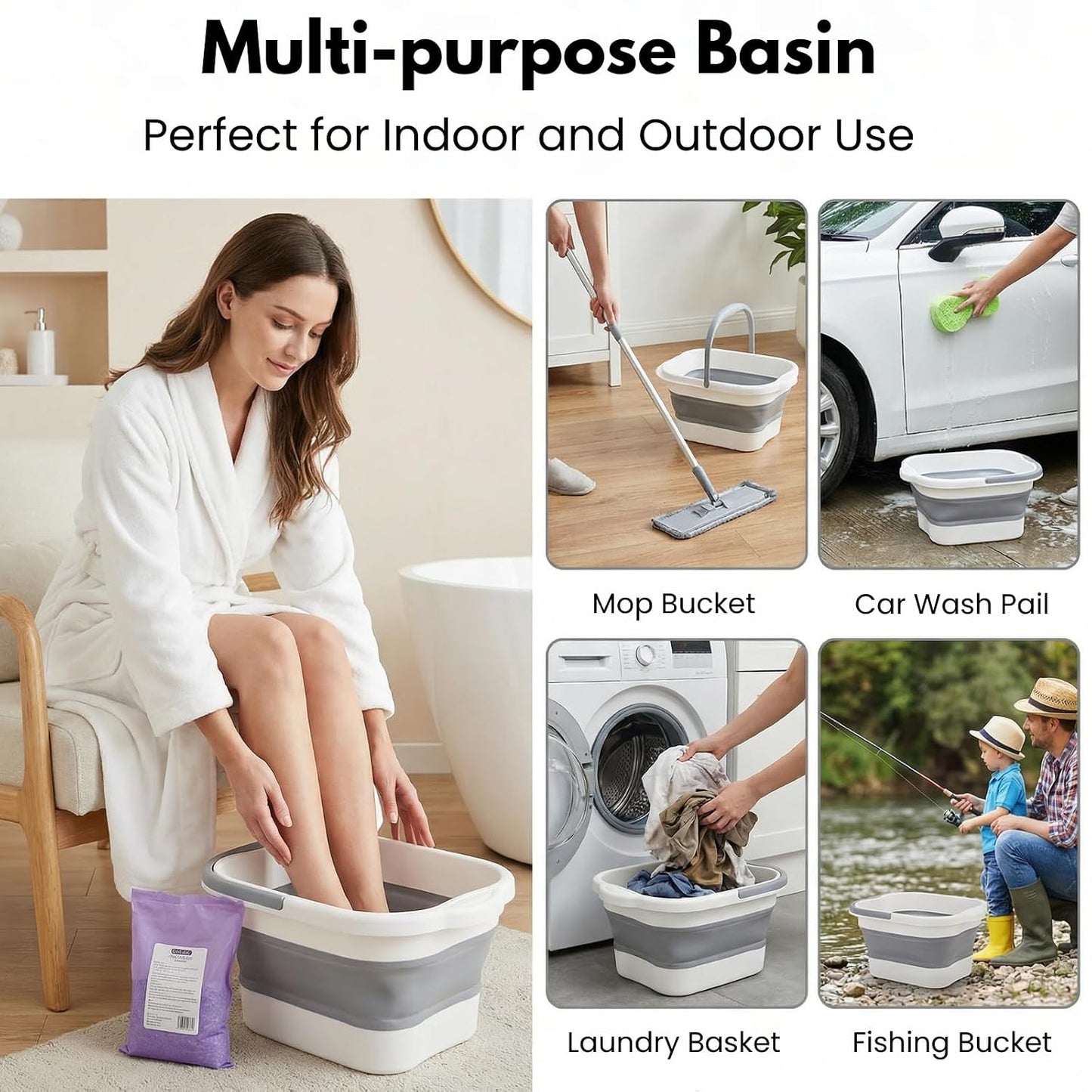 Hacaroa 2 Pack Collapsible Foot Soaking Tub with Massage Points, 15L (4 GL) Plastic Foot Spa Bath Basin Portable Pedicure Bowl with Handle, Folding Feet Tube Bucket for Bathroom, RV, Camping
