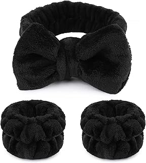 WSYUB Makeup Headbands, 1pcs Black Spa Headband Fluffy Bow Tie Headband Microfiber Face, and 2Pcs Wrist Spa Wash Band Absorbent Wristbands, for Washing Face Skin Care