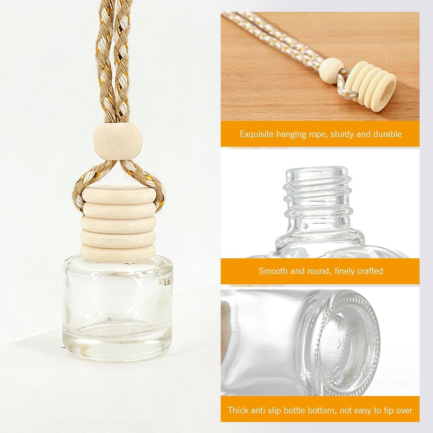 5 PCS Car Diffuser Air Freshener Bottles with Hanging Rope, 8 ML Refillable Empty Glass Essential Oil Diffuser Vent Clip & Wooden Caps Sticks, Universal Aromatherapy Diffusers for Most Cars