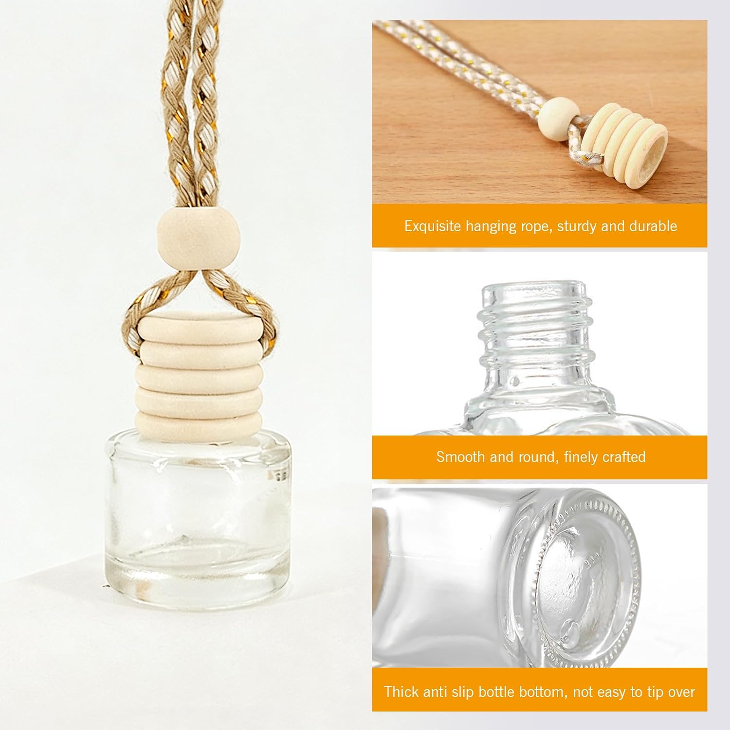 5 PCS Car Diffuser Air Freshener Bottles with Hanging Rope, 8 ML Refillable Empty Glass Essential Oil Diffuser Vent Clip & Wooden Caps Sticks, Universal Aromatherapy Diffusers for Most Cars