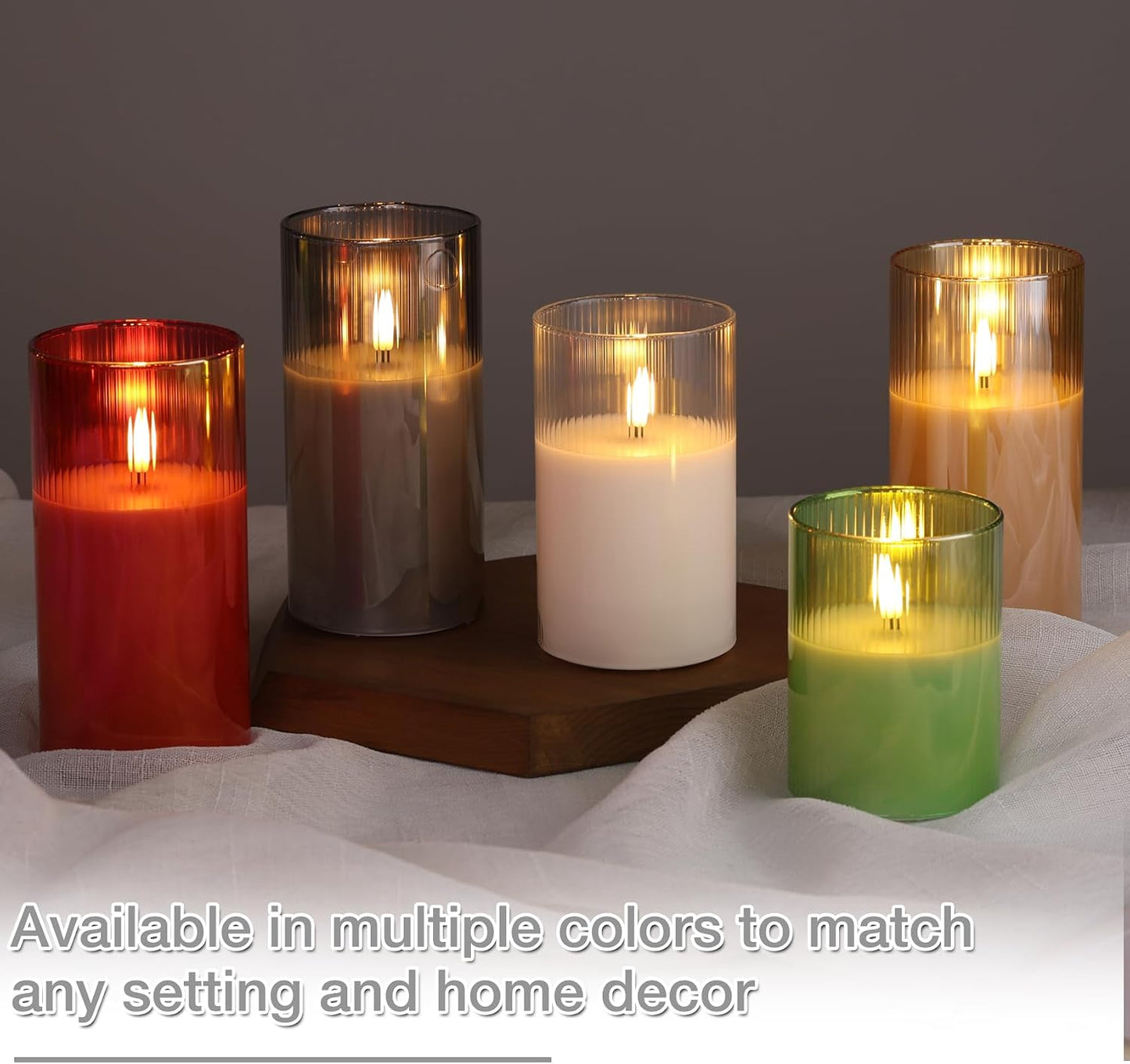 Eywamage Smoke Grey Ribbed Glass Flameless Pillar Candles with Remote, Flickering LED Wax Candles Battery Operated Set of 3