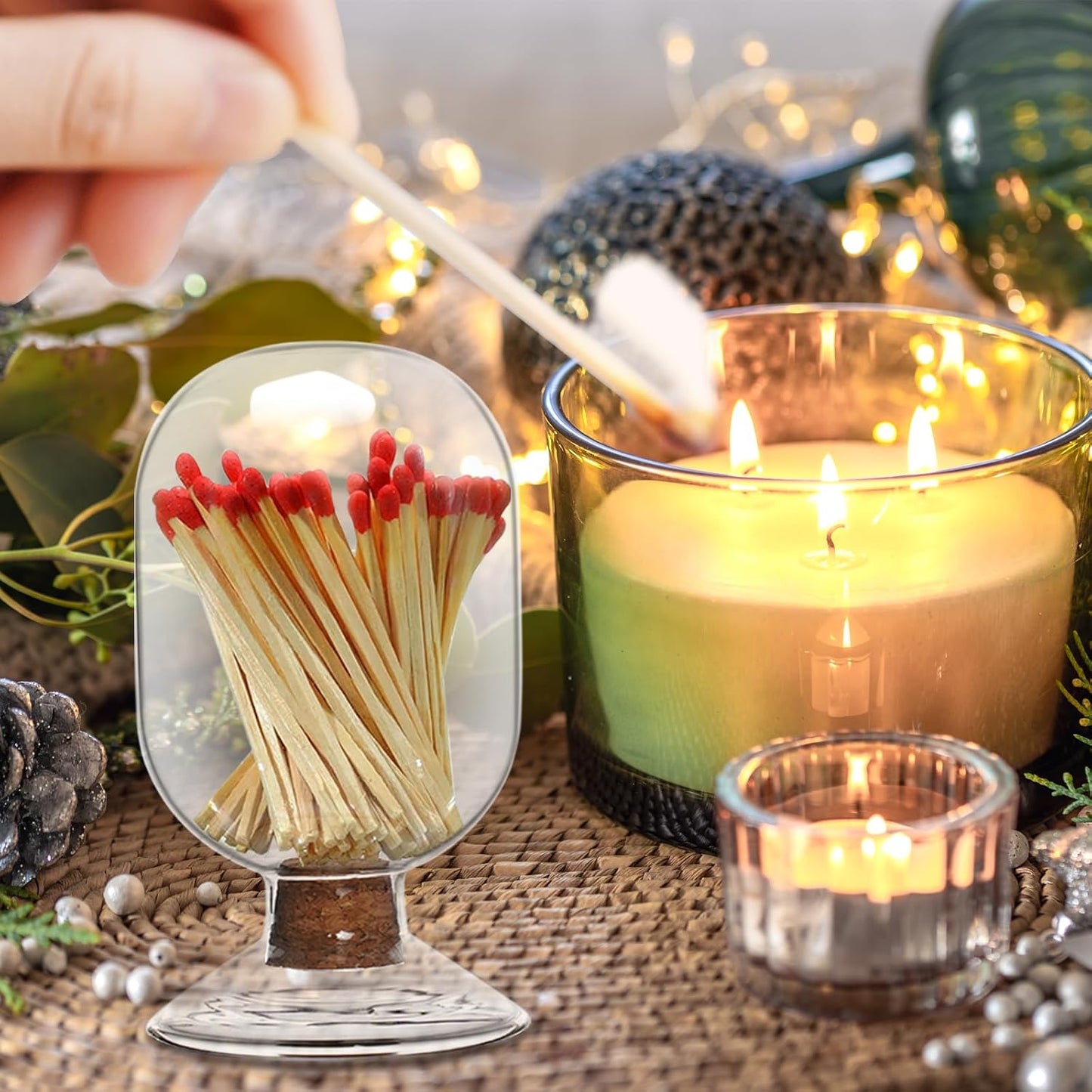 Glass Match Holder Jar with Striker, Decorative Glass Container for Matches for Bathroom Fireplace and Home Display (Simple)