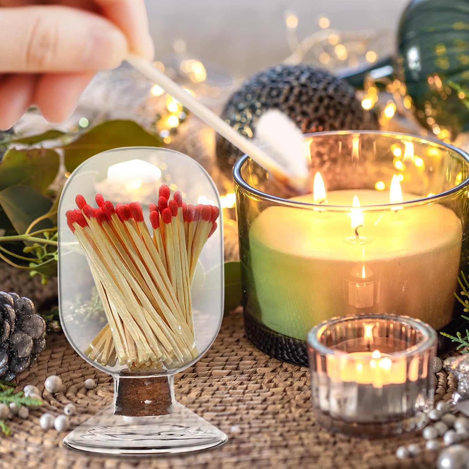 Glass Match Holder Jar with Striker, Decorative Glass Container for Matches for Bathroom Fireplace and Home Display (Simple)
