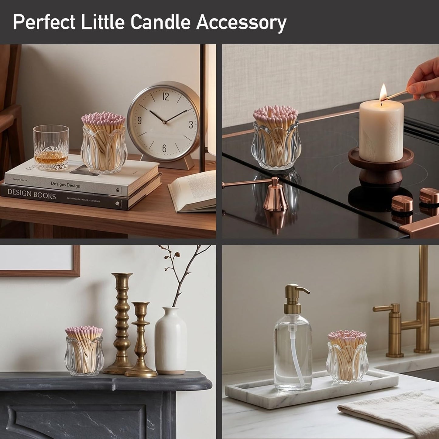 Match Holder with Striker x 4 Cute Glass Match Box Lily Flower Shape Match Jar for Candles Fireplace Kitchen Home Bathroom Decor - Matches Not Included