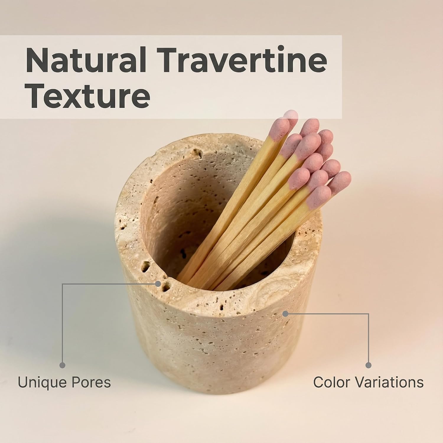 Match Holder with Striker Travertine Match Jar Decorative 2.5” x 3” Matchstick Organizer for Fireplace, Candles, Parlor Cute Match Jar for Home Decor Gift, Matches Not Included