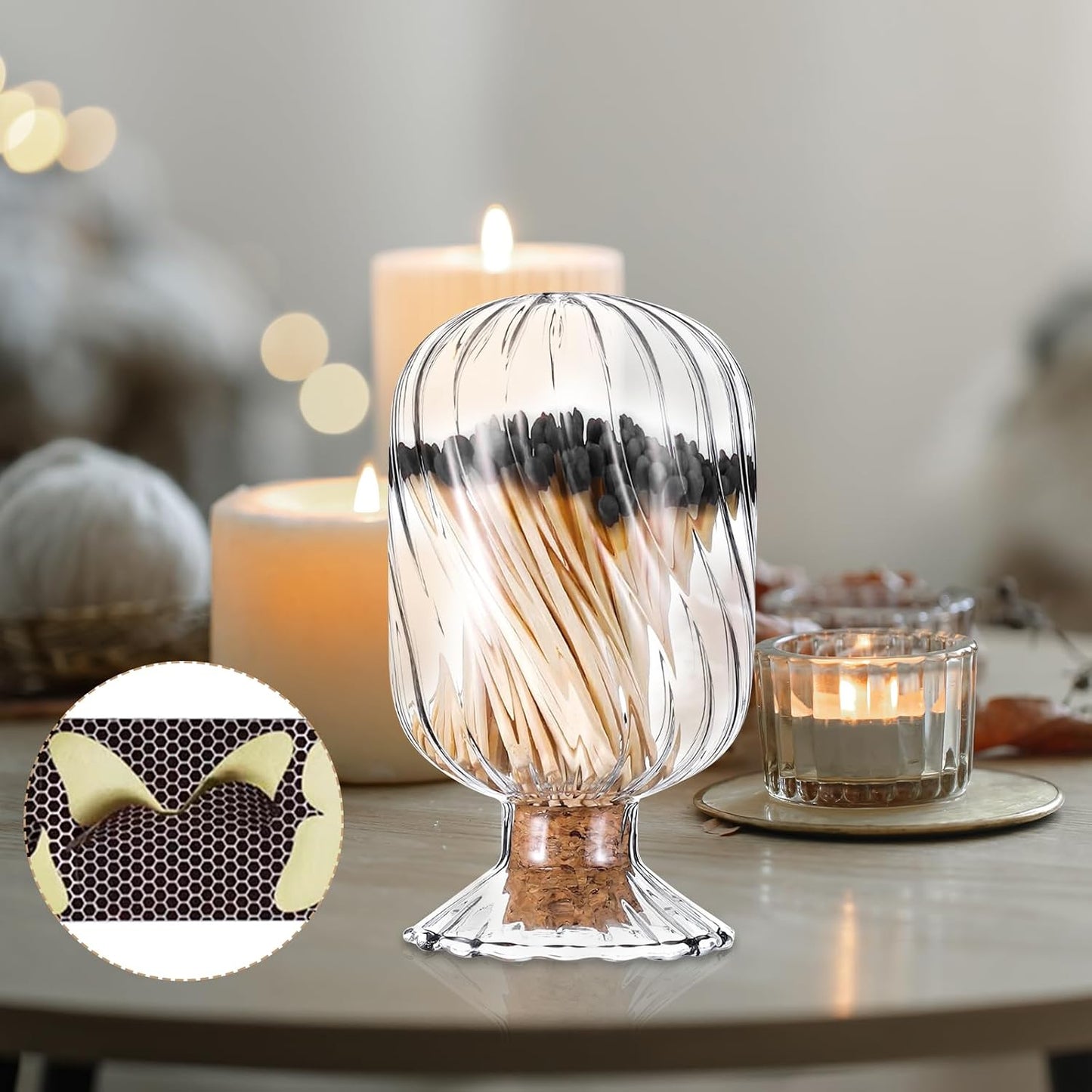 Glass Match Holder Jar with Striker, Decorative Glass Container for Matches for Bathroom Fireplace and Home Display (Helix Shaped)