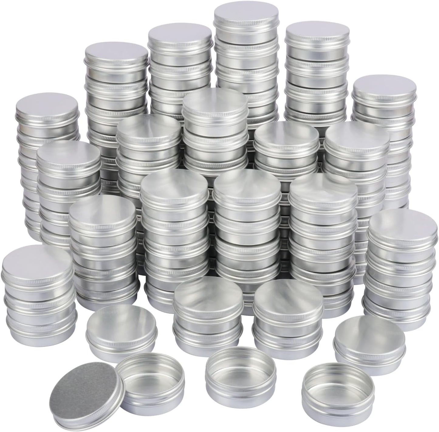150 PCS 1 Ounce Aluminum Tins with Screw Tops, Round metal tin with Screw Lids, 1 oz Round Cans with Lid for Cosmetics, Lip Balm, Spices, and More(Silver)