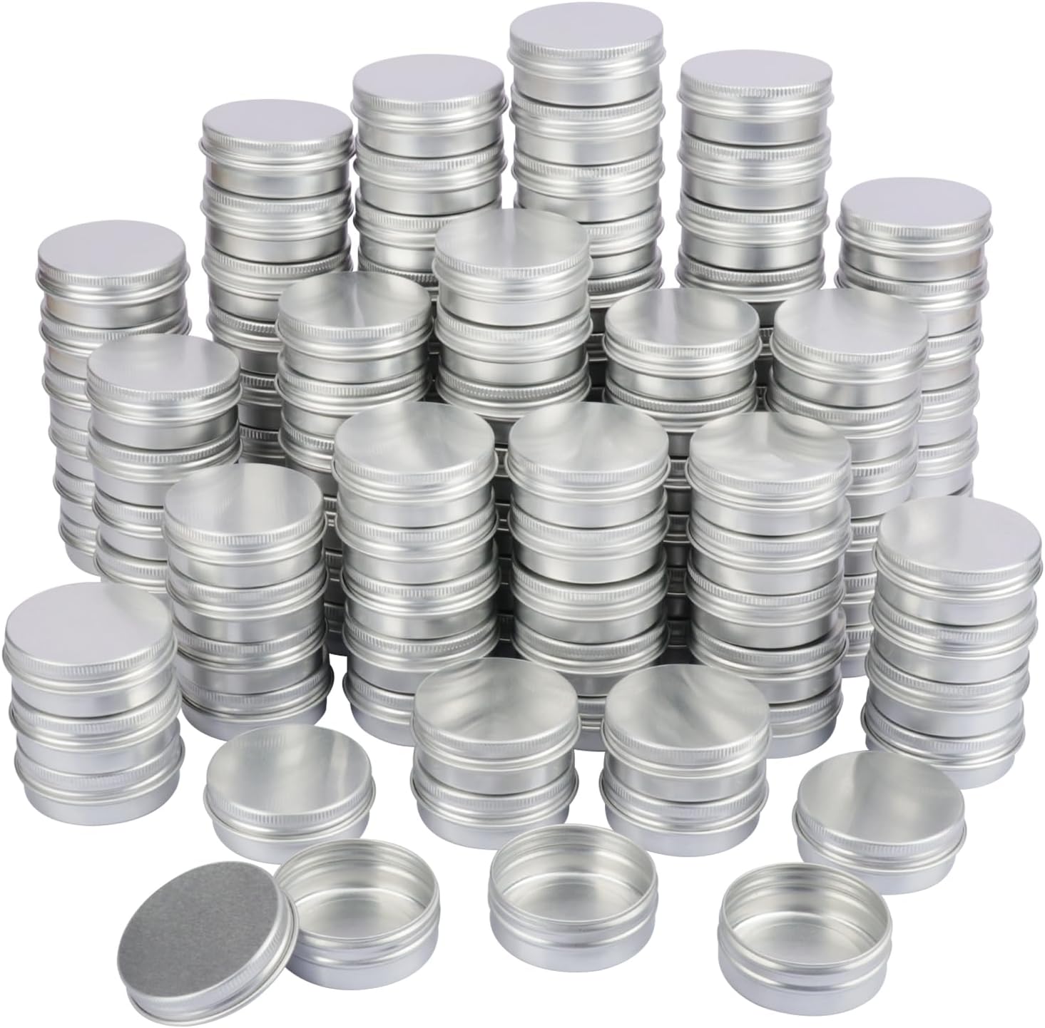 150 PCS 1 Ounce Aluminum Tins with Screw Tops, Round metal tin with Screw Lids, 1 oz Round Cans with Lid for Cosmetics, Lip Balm, Spices, and More(Silver)