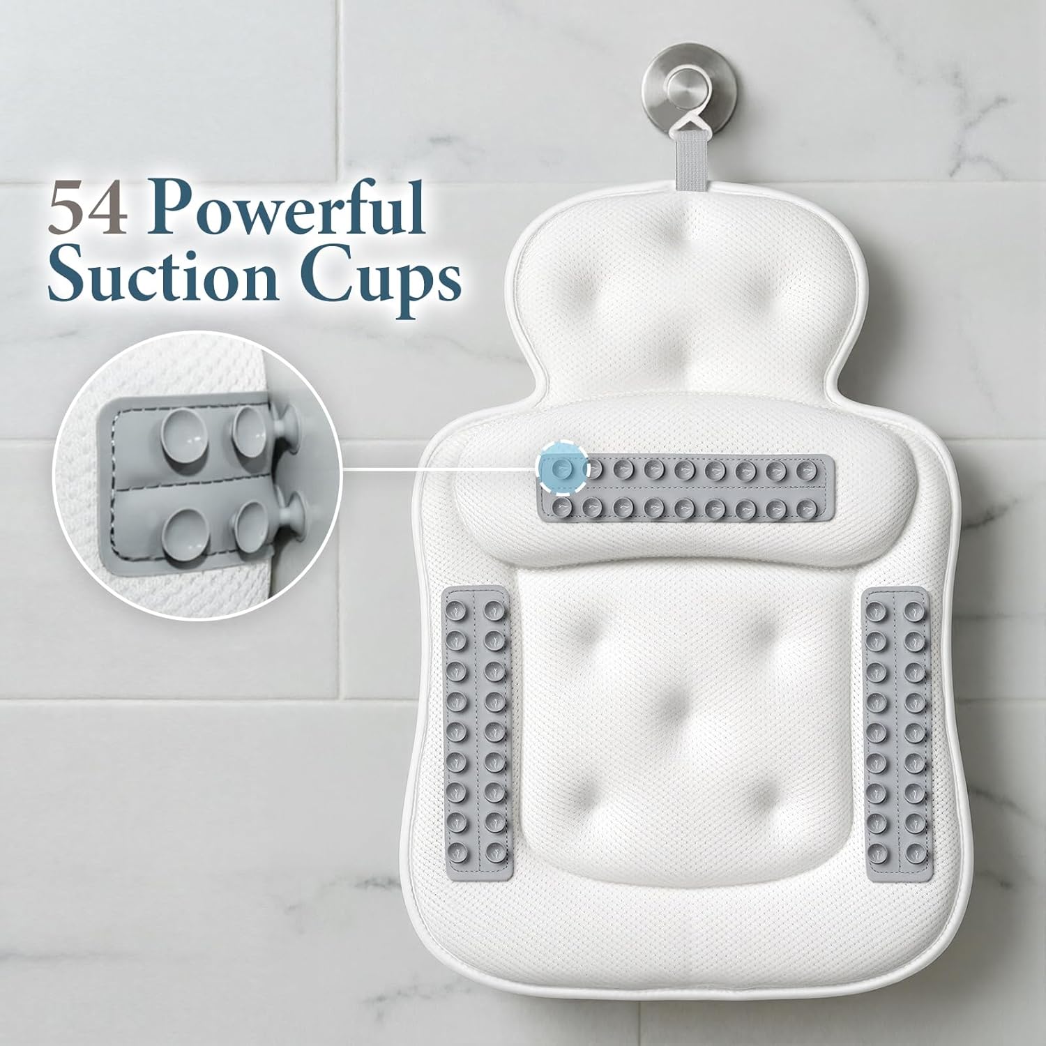 Bath Pillows for Tub, Comfortable Bathtub Cushion for Head and Neck with Soft 3D Mesh Fabric and 54 Non-Slip Suction Cups, Relaxing Tub and Shower Accessories Spa Gift White Standard