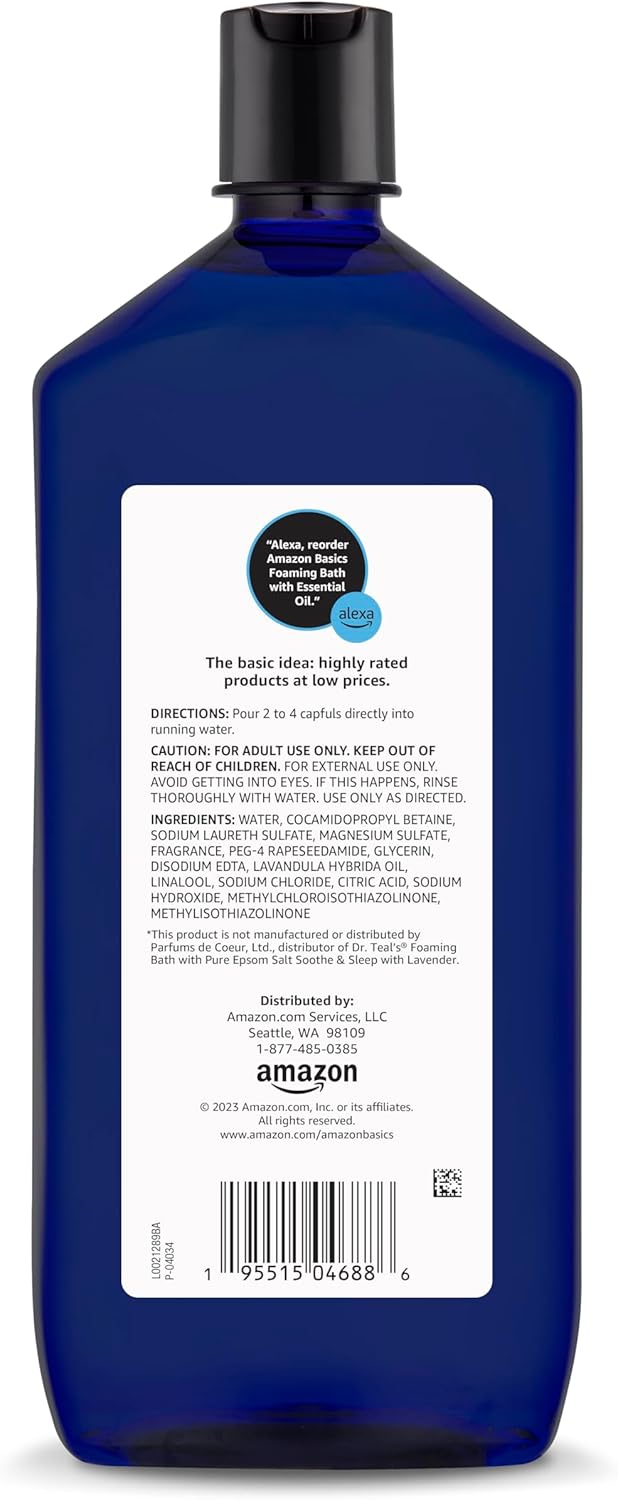 Amazon Basics Lavender Scented Foaming Bath with Essential Oil and Epsom Salt, Soothing, 34 Fluid Ounce