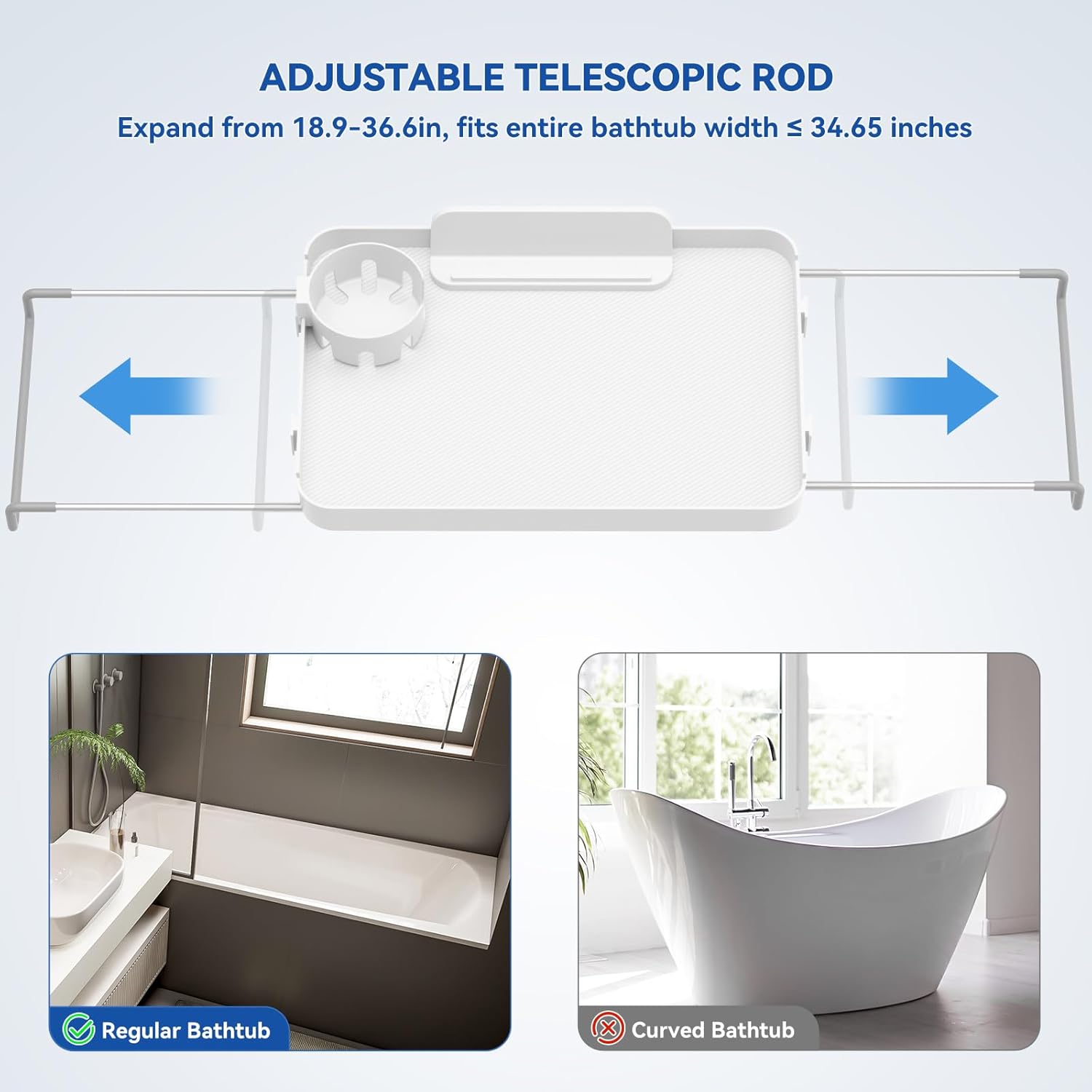Bathtub Tray for Large Soaking Tub Table Tray Expandable Tub Shelf for Bathtub Caddy Bath Shelf Over Tub Luxury Bath Board Book Holder with Removable 2 Cup Holder Phone Metal Shower Caddy Basket White