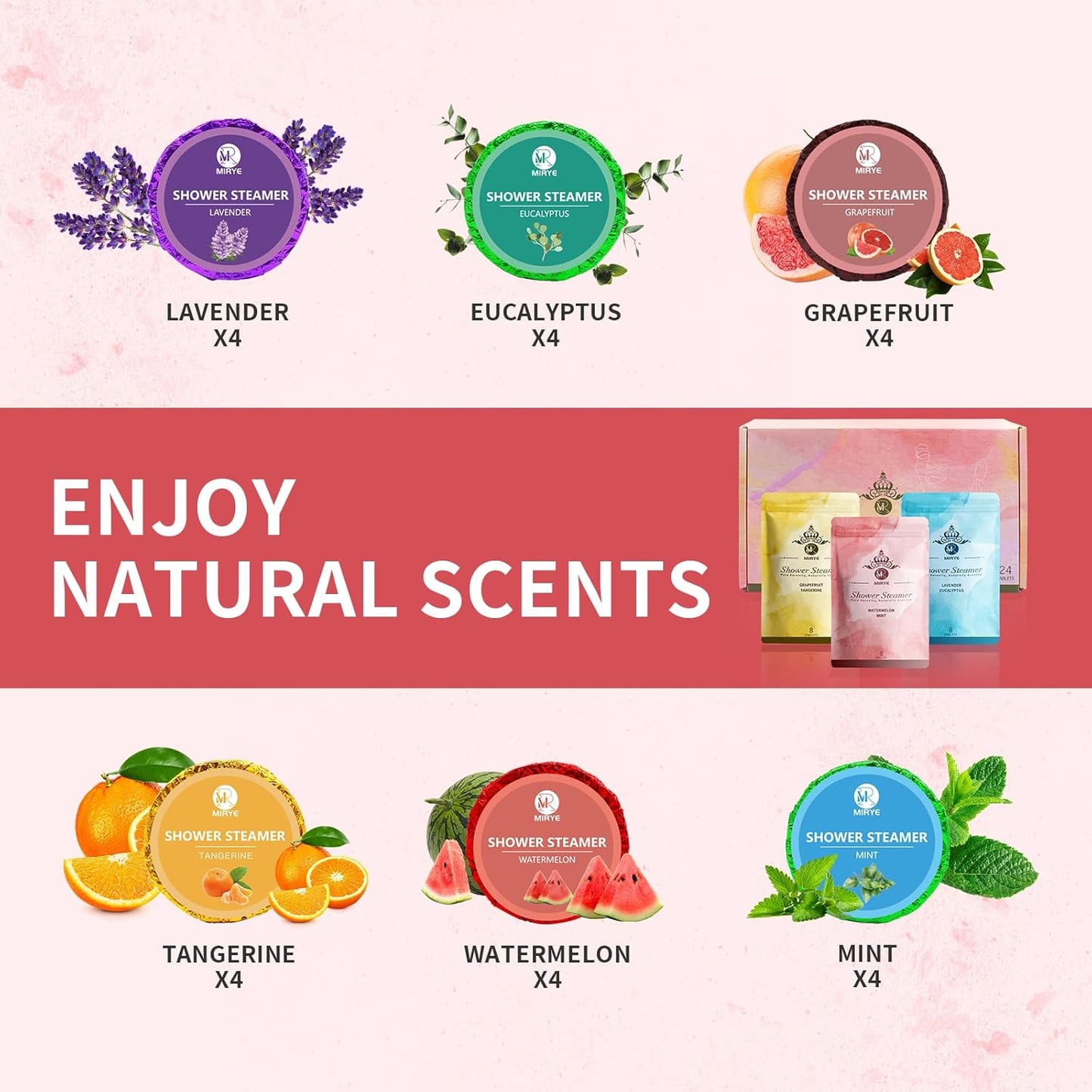 MR MIRYE Shower Steamers Aromatherapy, 24-Pack Shower Bombs Birthday Gifts for Women, Valentine's Day Gift with Eucalyptus Mint Lavender Watermelon Grapefruit Tangerine Essential Oils