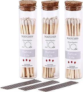 4" White Matches Included with Match Holder, 3 Glass Matches Bottles with Candle Matches in a Jar, Long Fireplace Matches for Grill Fireplace BBQ, Long Wooden Matchsticks for Custimiz Events
