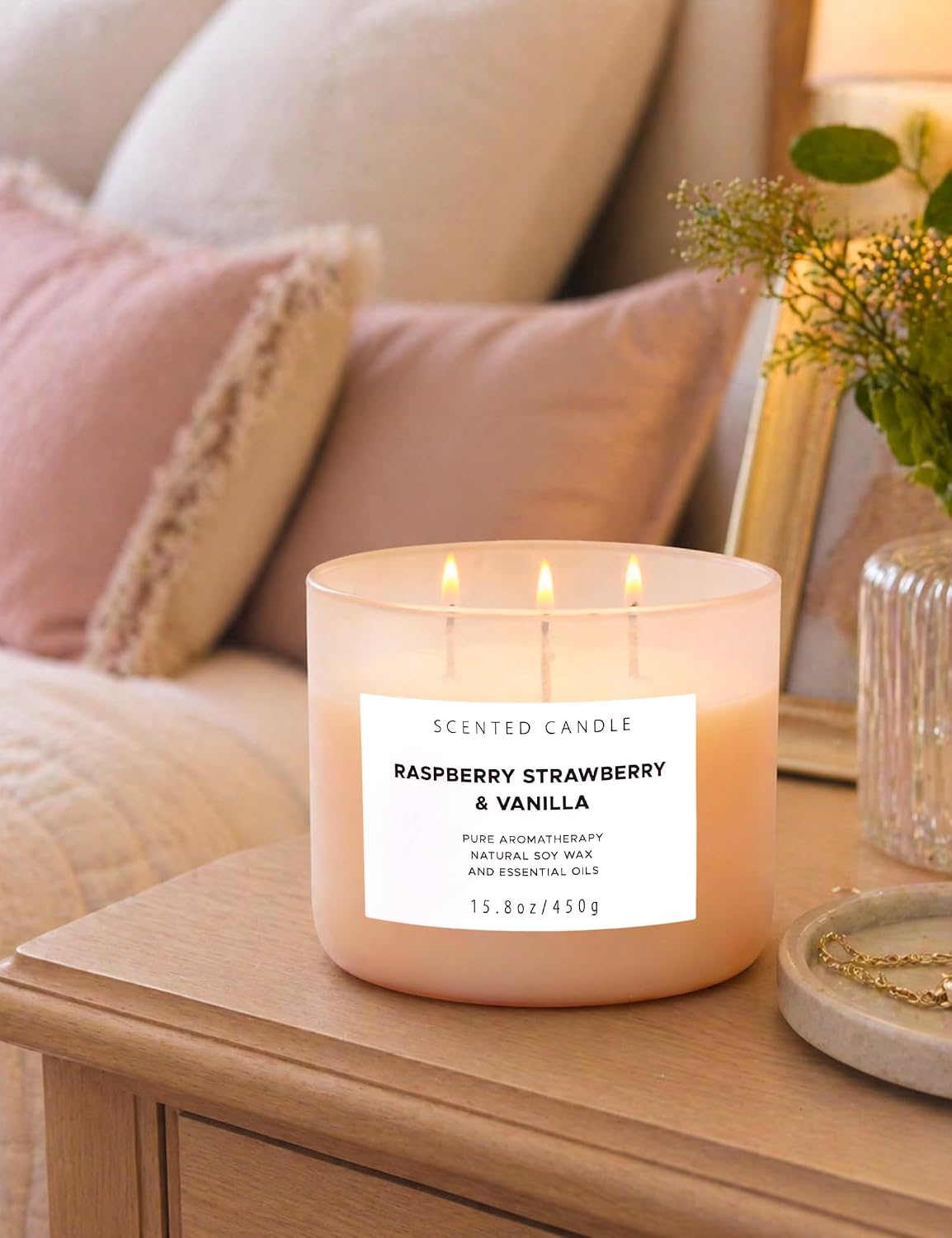 Raspberry Strawberry Vanilla 3-Wick Scented Soy Candle 15.8 oz | Large Sweet Berry Vanilla Scented Candle for Home | Relaxing Aromatherapy Candle | Strong Throw & Long Lasting