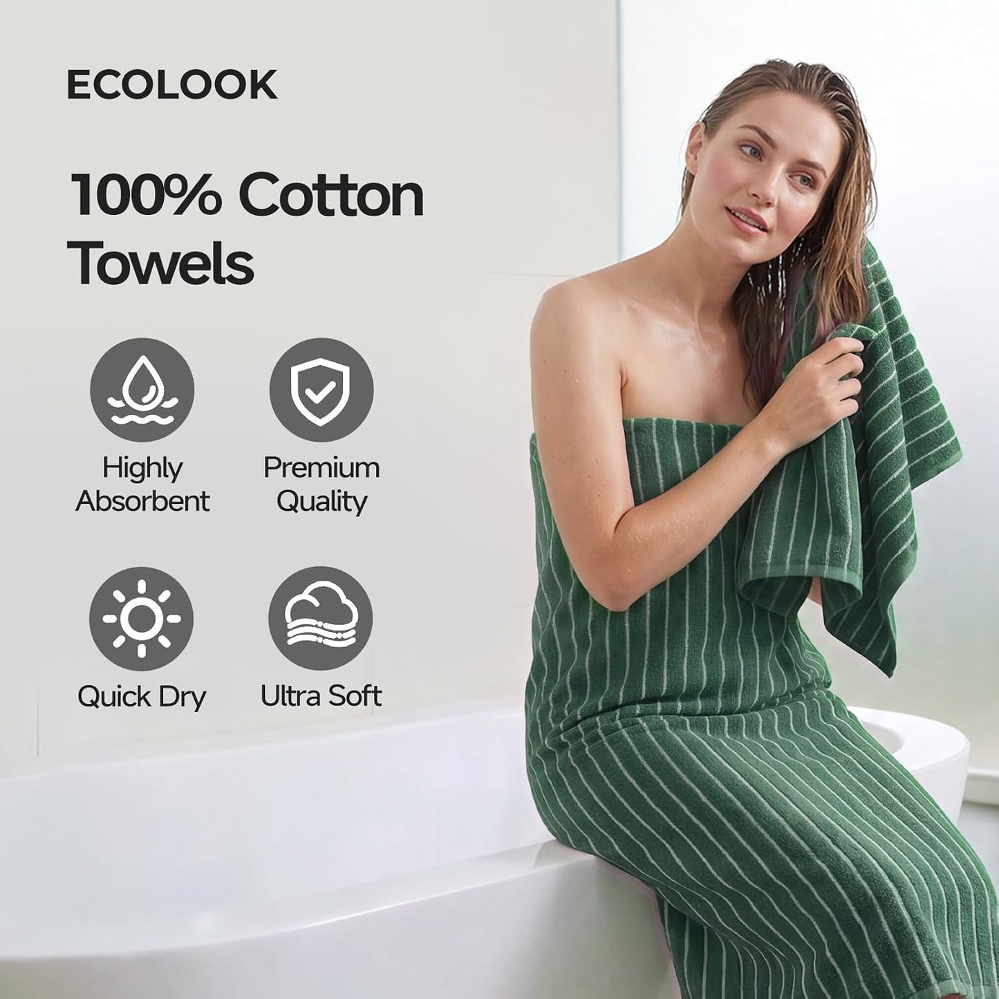 ecolook Premium Bath Towel Set of 6 Pieces – 100% Cotton, Super Absorbent & Quick Dry, Striped Towels for Bathroom, Spa & Swim – 2 Bath, 2 Hand, 2 Washcloths, Olive Green