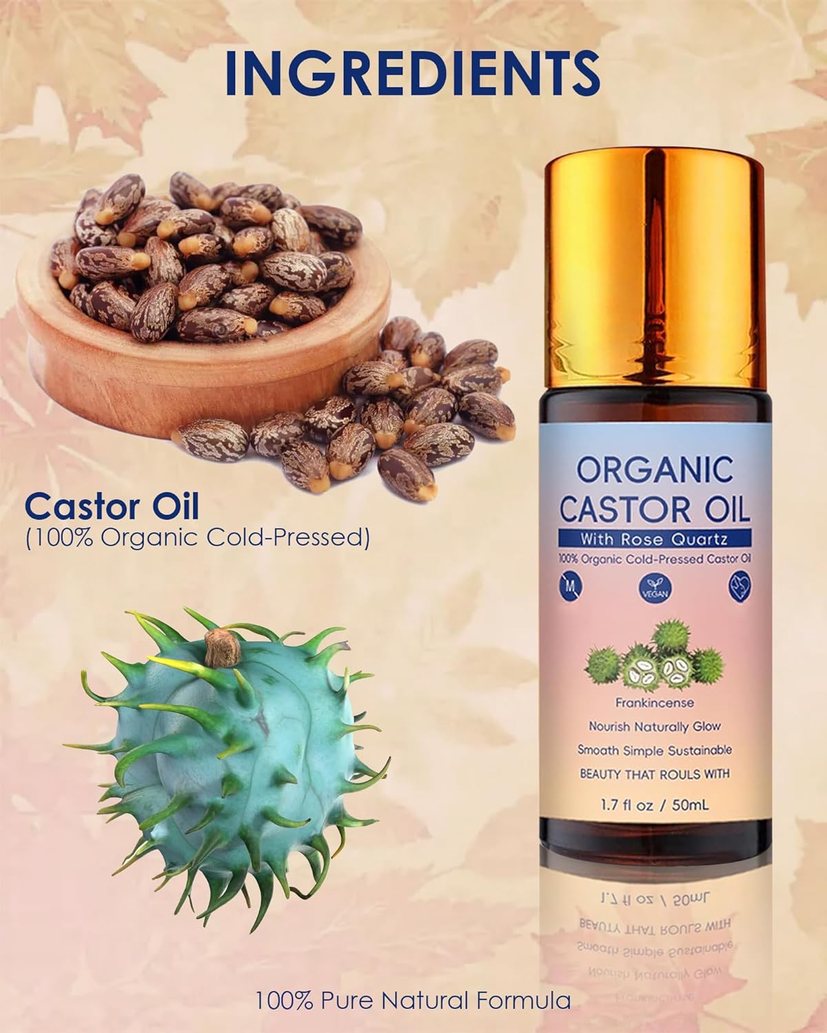 PAYDVOIER Organic Castor Oil with Rose Quartz Roller, 100% Pure Cold-Pressed, Organic Castor Oil Roll On Rose Quartz, Hexane-Free,Amber Glass Bottle for Skin 1.7 Oz.