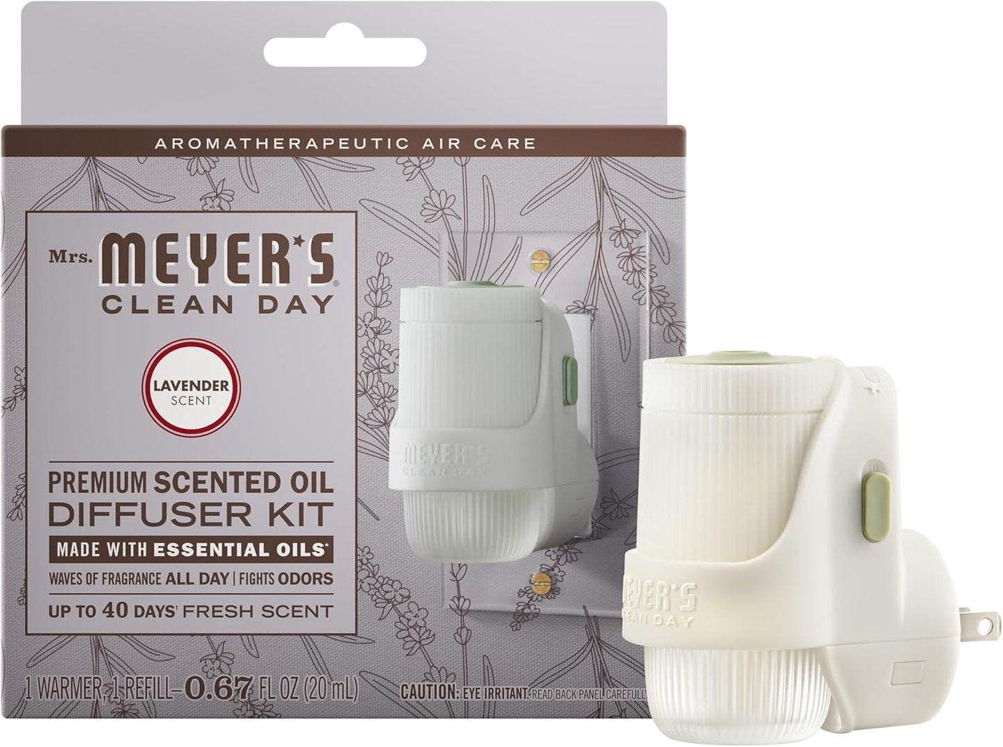 MRS. MEYER'S CLEAN DAY Premium Scented Oil Diffuser Kit, Lavender, 1 warmer and .67 fl oz refill