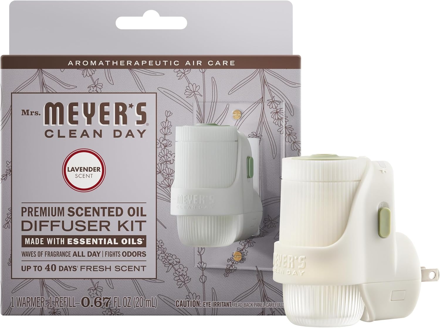 MRS. MEYER'S CLEAN DAY Premium Scented Oil Diffuser Kit, Lavender, 1 warmer and .67 fl oz refill