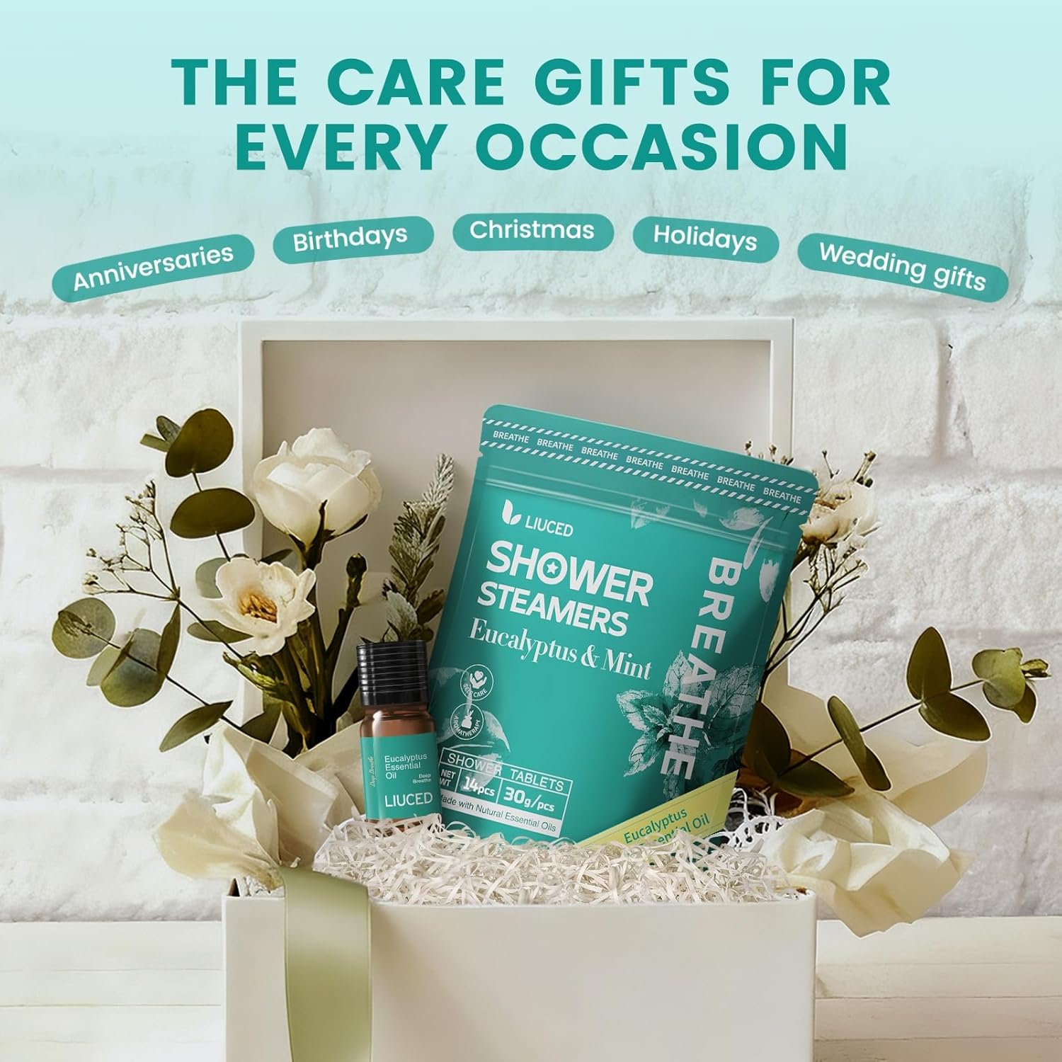 14+1 Shower Steamers - 14 Pack Eucalyptus & Mint Shower Bombs Aromatherapy and 5ml Natural Eucalyptus Essential Oils, Eucalyptus for Shower, Fathers Day Gift for Dad Husband from Wife Daughter