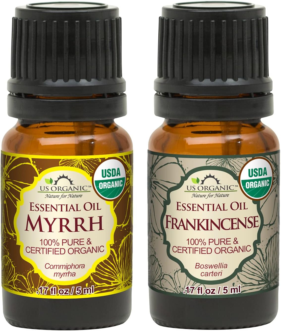 US Organic 100% Pure Myrrh, Frankincense Essential Oil Combo Pack - Directly sourced from The Horn of Africa - USDA Certified Organic - Use Topically or in Diffuser (5 ml Combo)