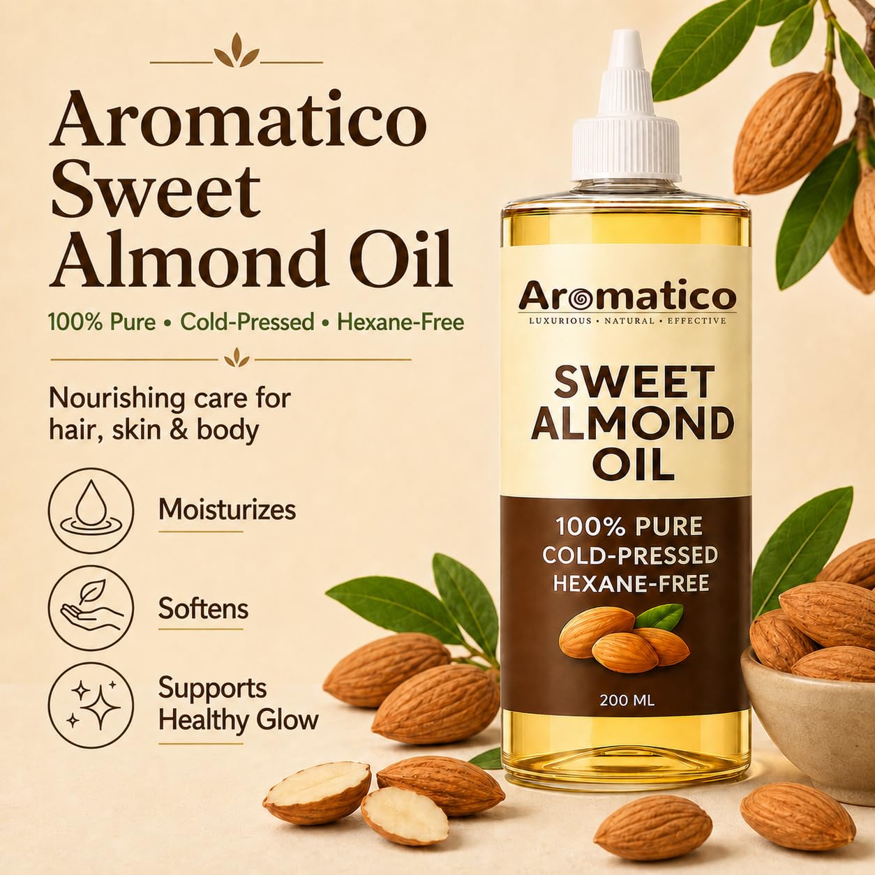 Aromatico Cold Pressed Sweet Almond Oil. Lightweight, Natural Moisturizing Oil for Hair, Skin & Body - 7 fl oz