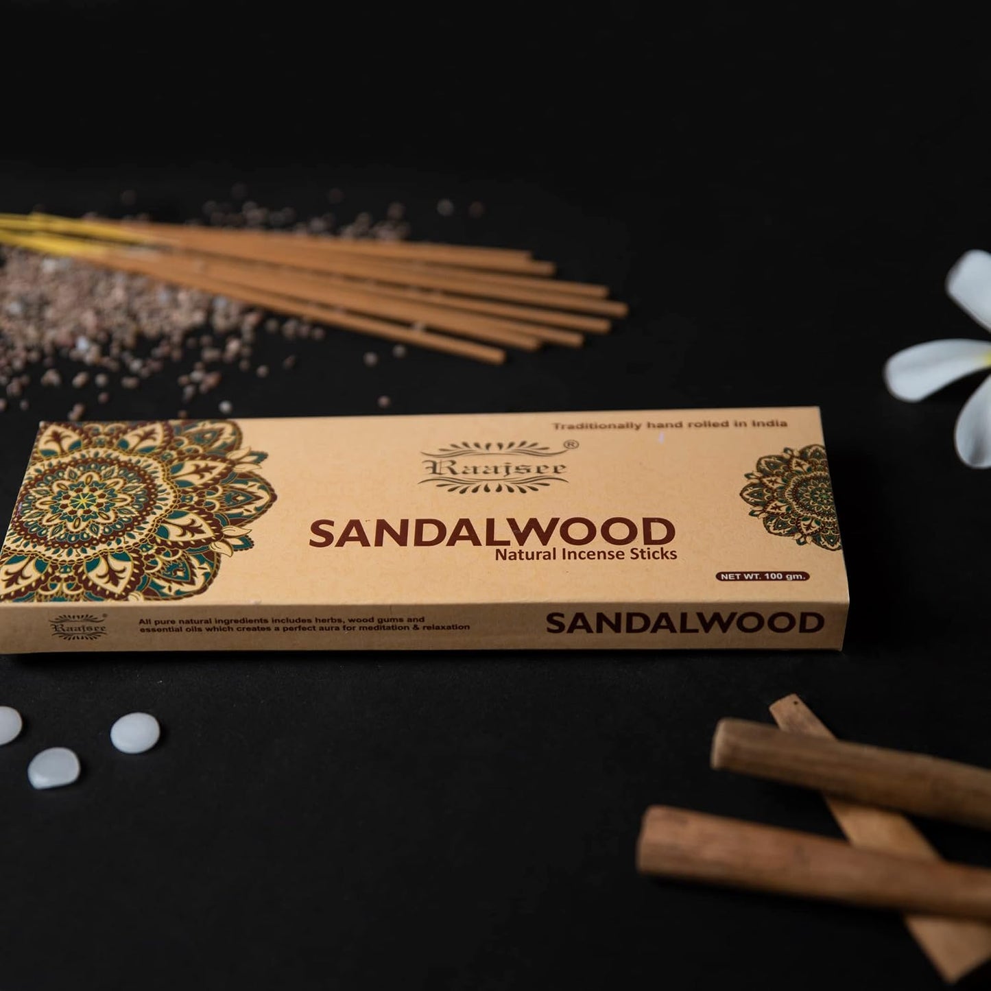 Raajsee Sandalwood Incense Sticks 100 Gm Pack-100% Pure Organic Natural Hand Rolled Free from Chemicals-for Church,Aroma Therapy,Relaxation,Meditation & Sensual Therapy