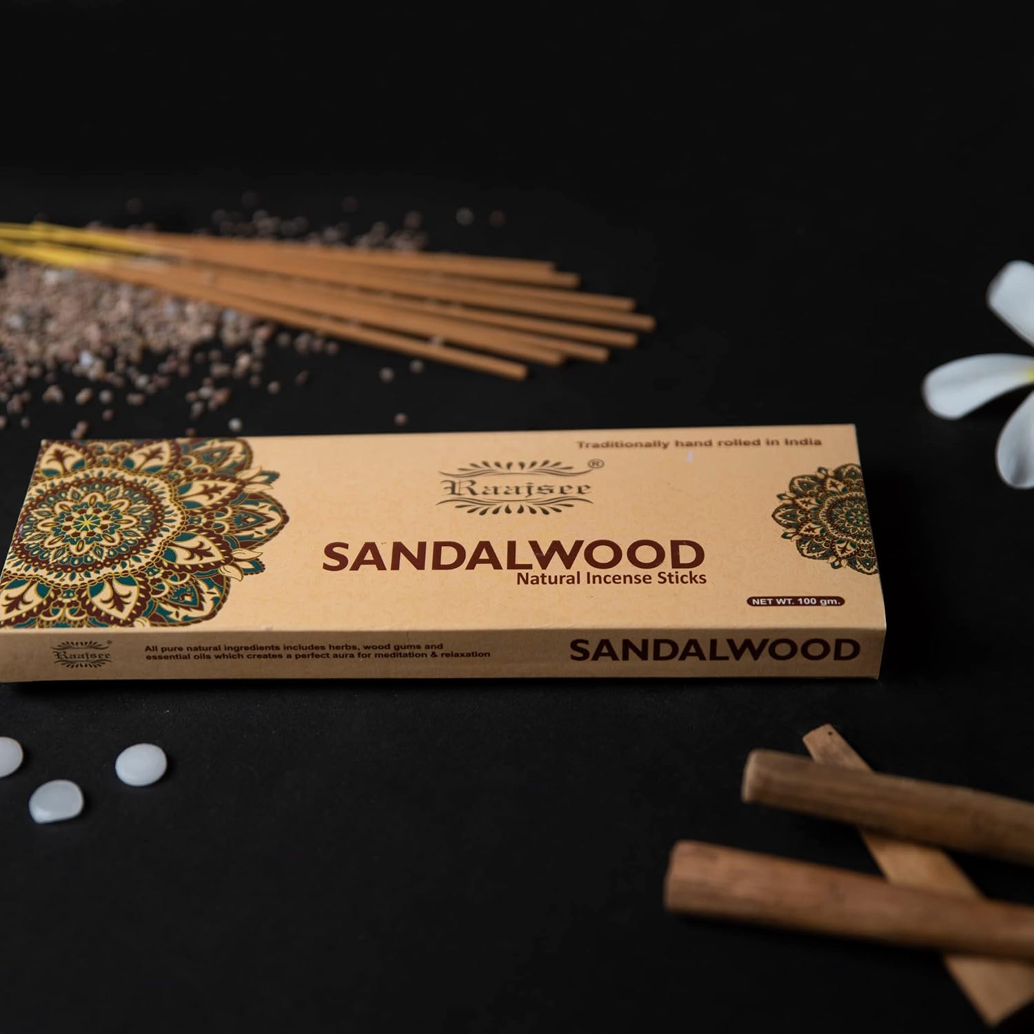 Raajsee Sandalwood Incense Sticks 100 Gm Pack-100% Pure Organic Natural Hand Rolled Free from Chemicals-for Church,Aroma Therapy,Relaxation,Meditation & Sensual Therapy