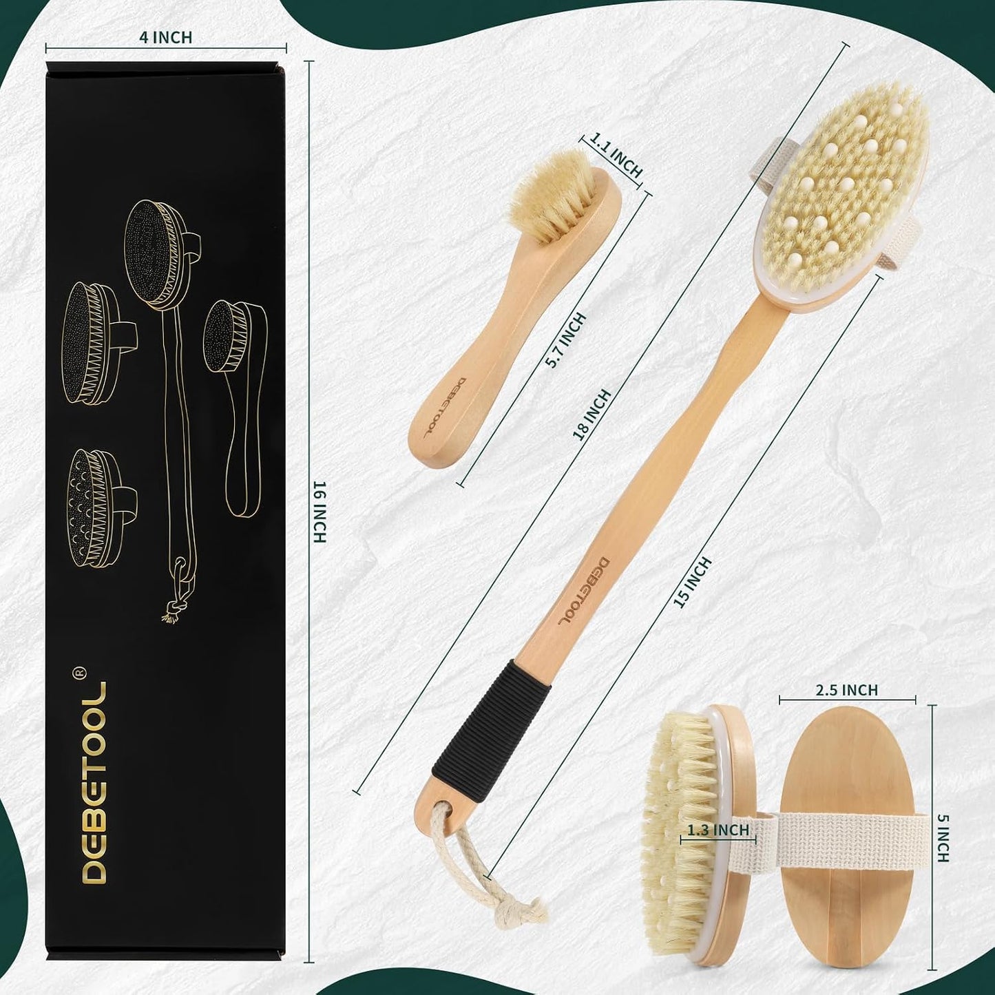 DEBETOOL Dry Brush Set for Body & Face - Dry Brushing Body Brush with Long Handle & 3 Replacement Heads (Soft/Medium/Firm) for Lymphatic Drainage Cellulite