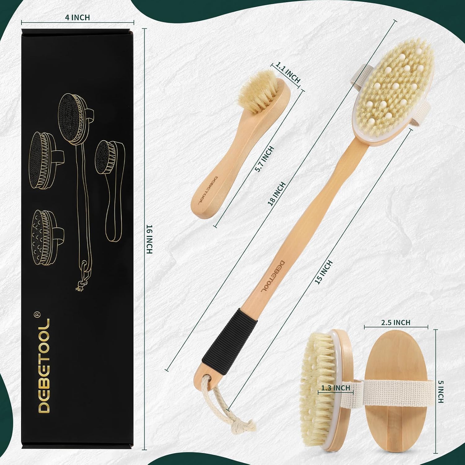 DEBETOOL Dry Brush Set for Body & Face - Dry Brushing Body Brush with Long Handle & 3 Replacement Heads (Soft/Medium/Firm) for Lymphatic Drainage Cellulite