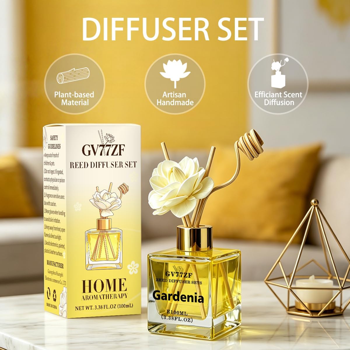 Gardenia Reed Diffuser – 3.38 oz Glass Bottle with Rattan Sticks & Dried Flowers, Rich White Floral Scent for Home, Adjustable Intensity Aroma Gift for Women, Housewarming, Mom